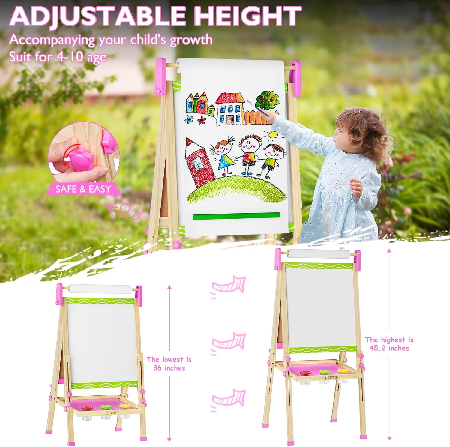 Doselie Easel for Kids,Adjustable Wooden Kids Art Easel with Paper Roll,Double-Sided Magnetic Toddler Easels,Dry Erase Whiteboard and Chalk Board,Toys for 3 4 5 6 7 8 9 10 Year Old Girl Boy Gift