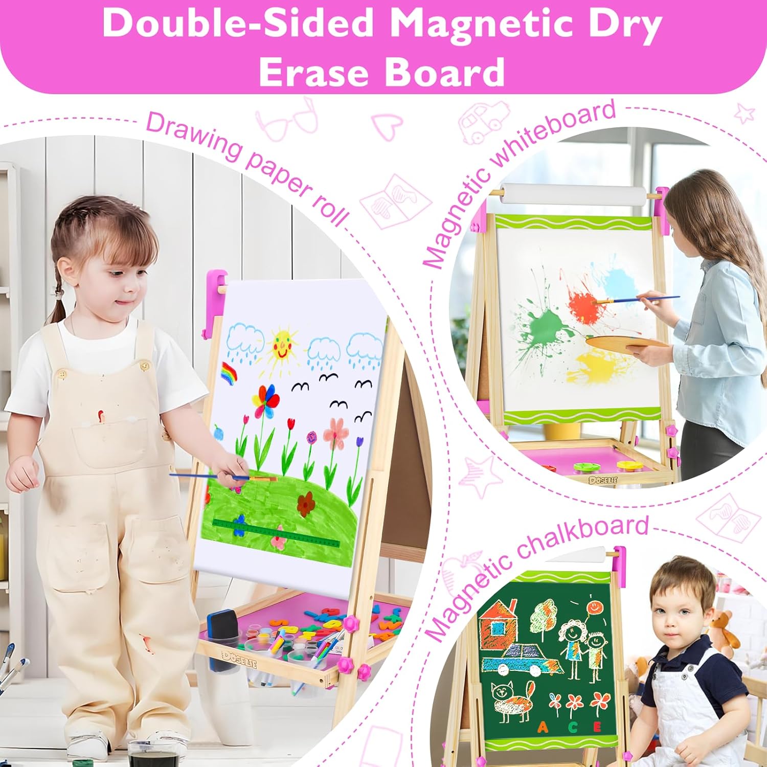 Alternative view of Doselie Easel for Kids,Adjustable Wooden Kids Art Easel with Paper Roll,Double-Sided Magnetic Toddler Easels,Dry Erase Whiteboard and Chalk Board,Toys for 3 4 5 6 7 8 9 10 Year Old Girl Boy Gift