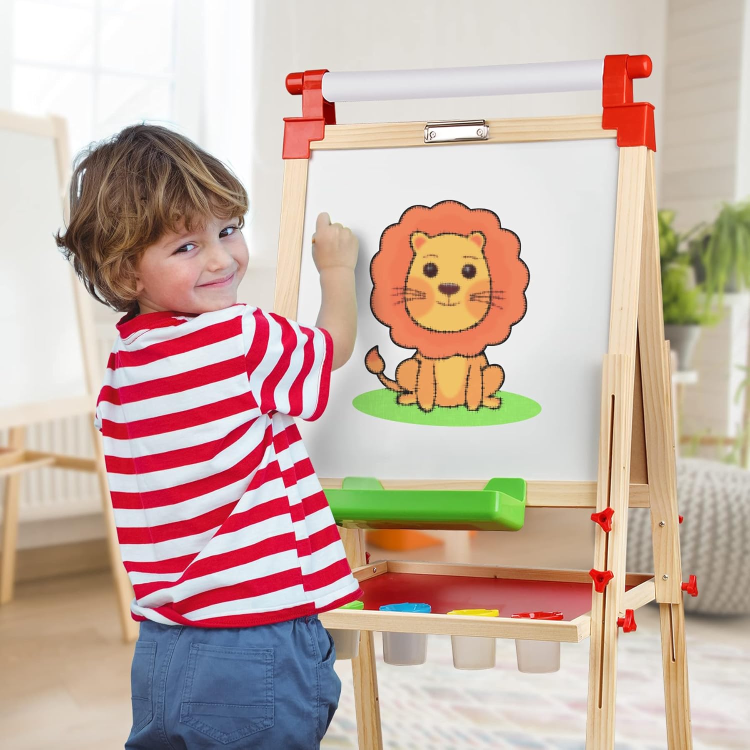 JOYOOSS Kids Wooden Easel with Paper Roll - Adjustable Magnetic Double Sided Drawing Board Whiteboard & Chalkboard Dry Easel Board,Children Art Easel for 3~12 Years Kids Boys Girls Painting Drawing