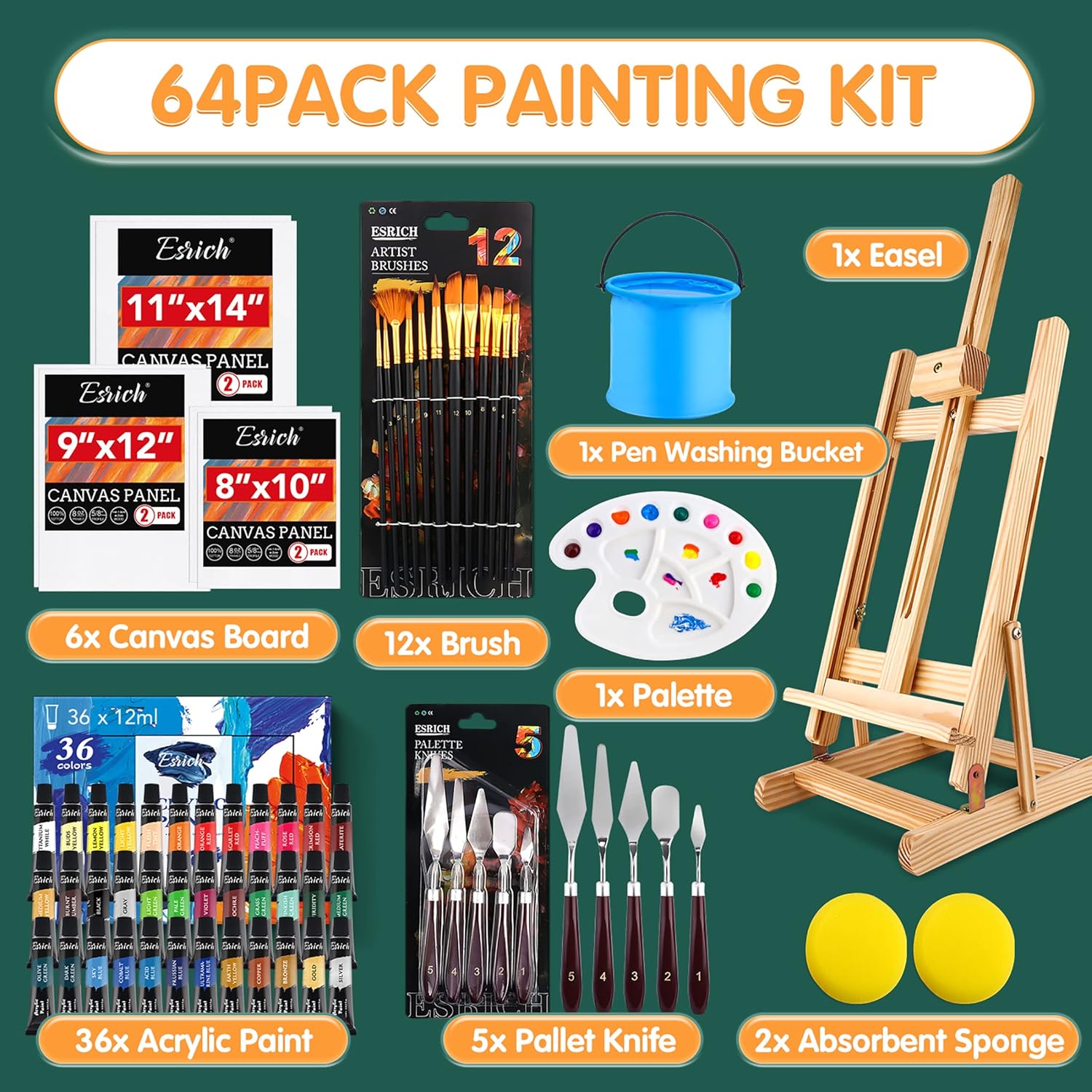 ESRICH Acrylic Paint Set, 64PCS Painting Supplies with Wooden Easel, Brushes, 36 Colors Acrylic Paint, Canvases, Palette, Paints Knives Etc, Painting Kit for Adults, Students, Hobbyists, Beginners