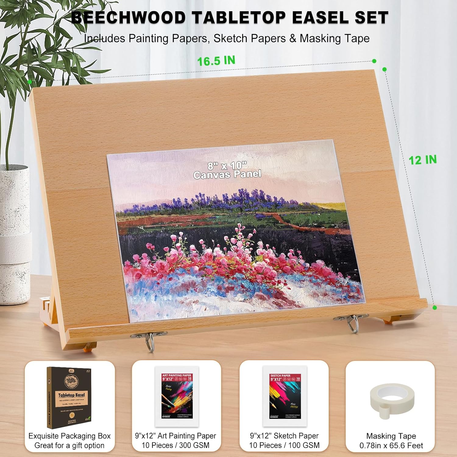 Alternative view of Tabletop Easel for Painting, 16.5"x12" Adjustable Portable Beechwood Drawing Board with Detachable Strap, Art Easel Includes Art Painting Papers, Sketch Papers and Masking Tape, Ideal for Diamond Art
