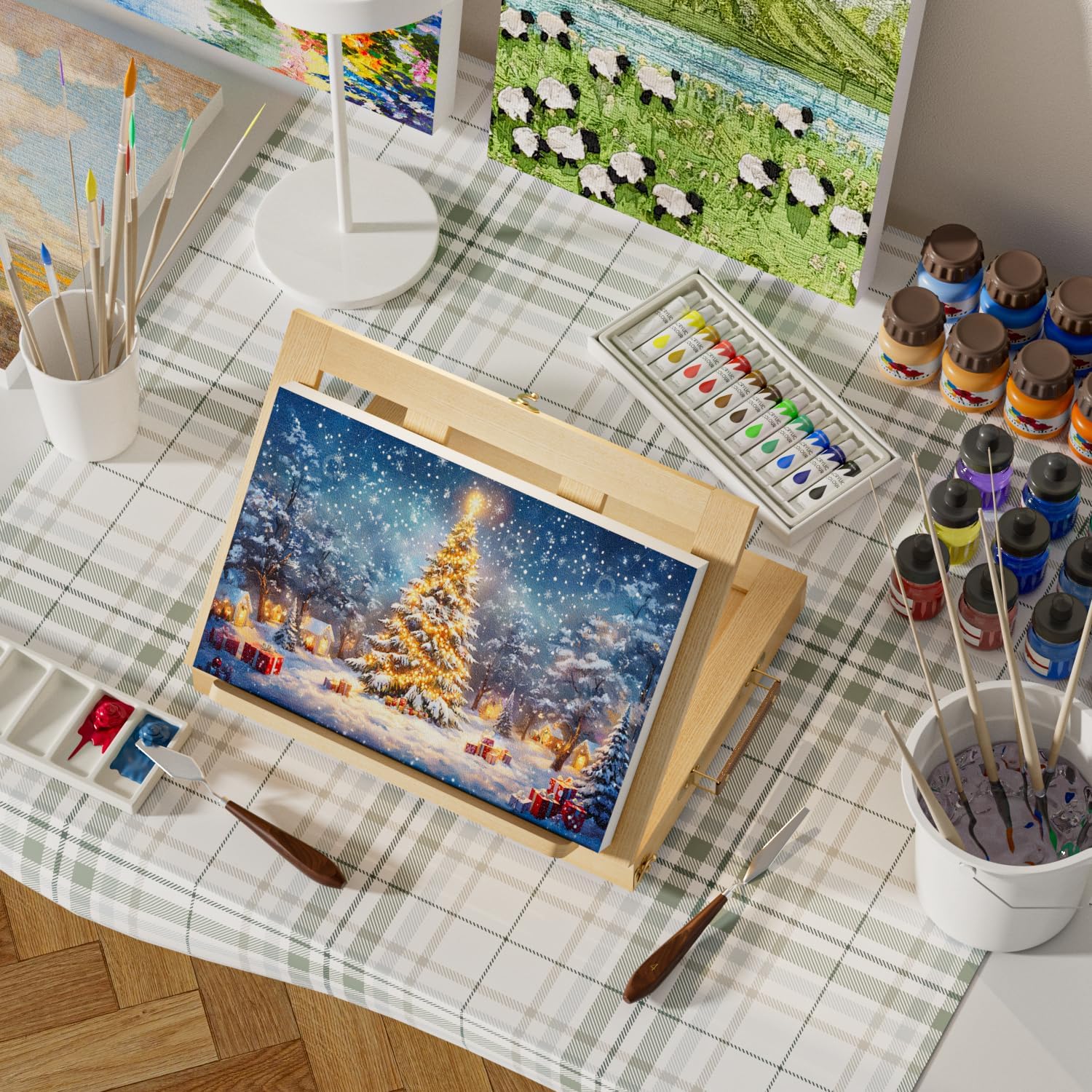 LUCYCAZ Art Easel for Painting, Tabletop Painting Easel Set for Kids, Pine-Wood Portable Easel Stand for Artists with Canvas, Acrylic Paints, Brushes, Palette and Palette Knives for Adults Beginners