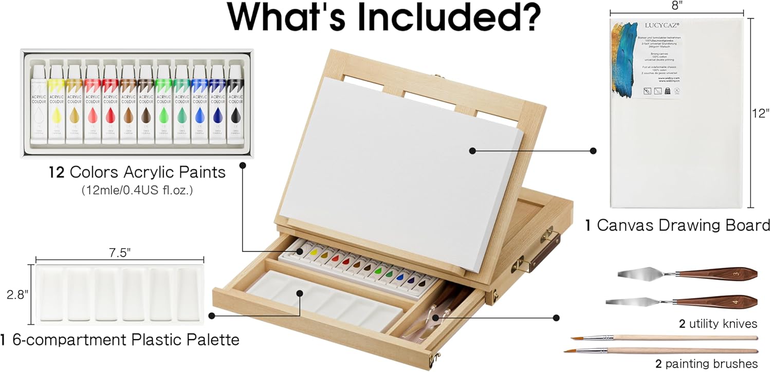 Alternative view of LUCYCAZ Art Easel for Painting, Tabletop Painting Easel Set for Kids, Pine-Wood Portable Easel Stand for Artists with Canvas, Acrylic Paints, Brushes, Palette and Palette Knives for Adults Beginners
