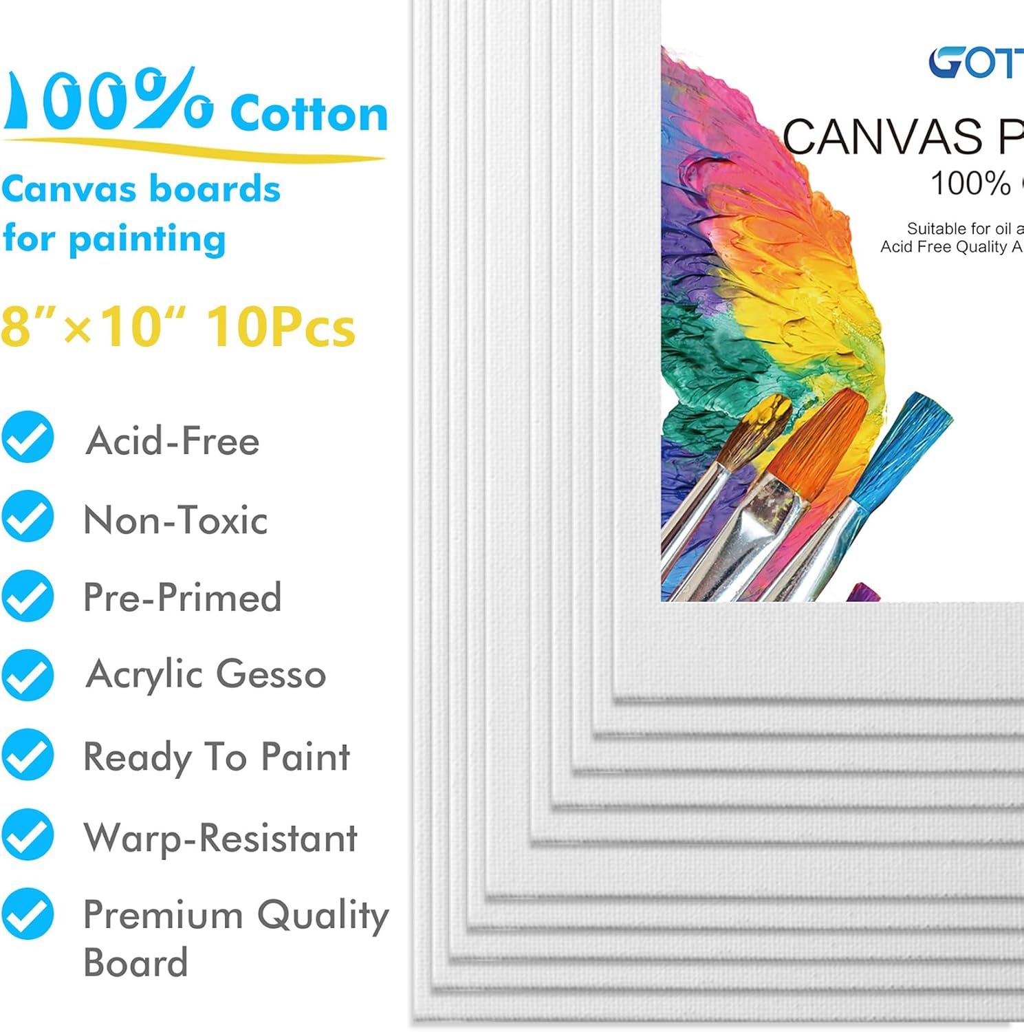 GOTIDEAL Canvas Boards, 8x10 inch Set of 10,Gesso Primed White Blank Canvases for Painting - 100% Cotton Art Supplies Canvas Panel for Acrylic Paint, Pouring, Oil Paint, Watercolor, Gouache