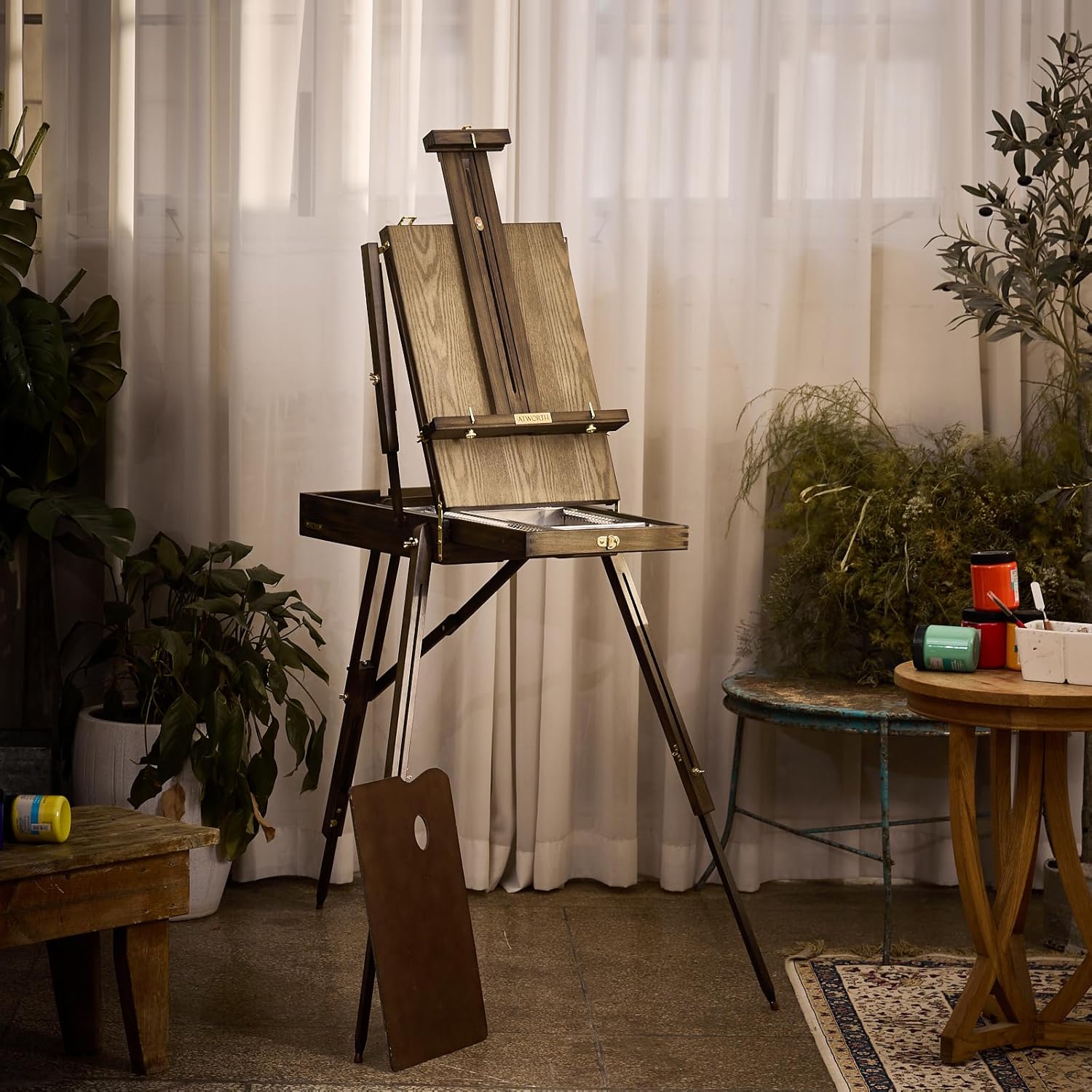 ATWORTH French Easel for Painting, Deluxe Beech Wooden Field & Studio Sketchbox Easel Stand with Metal Side Tray, Portable& Easy Transport for Painting Outdoor, Holds Canvas up to 34"- Gray Walnut