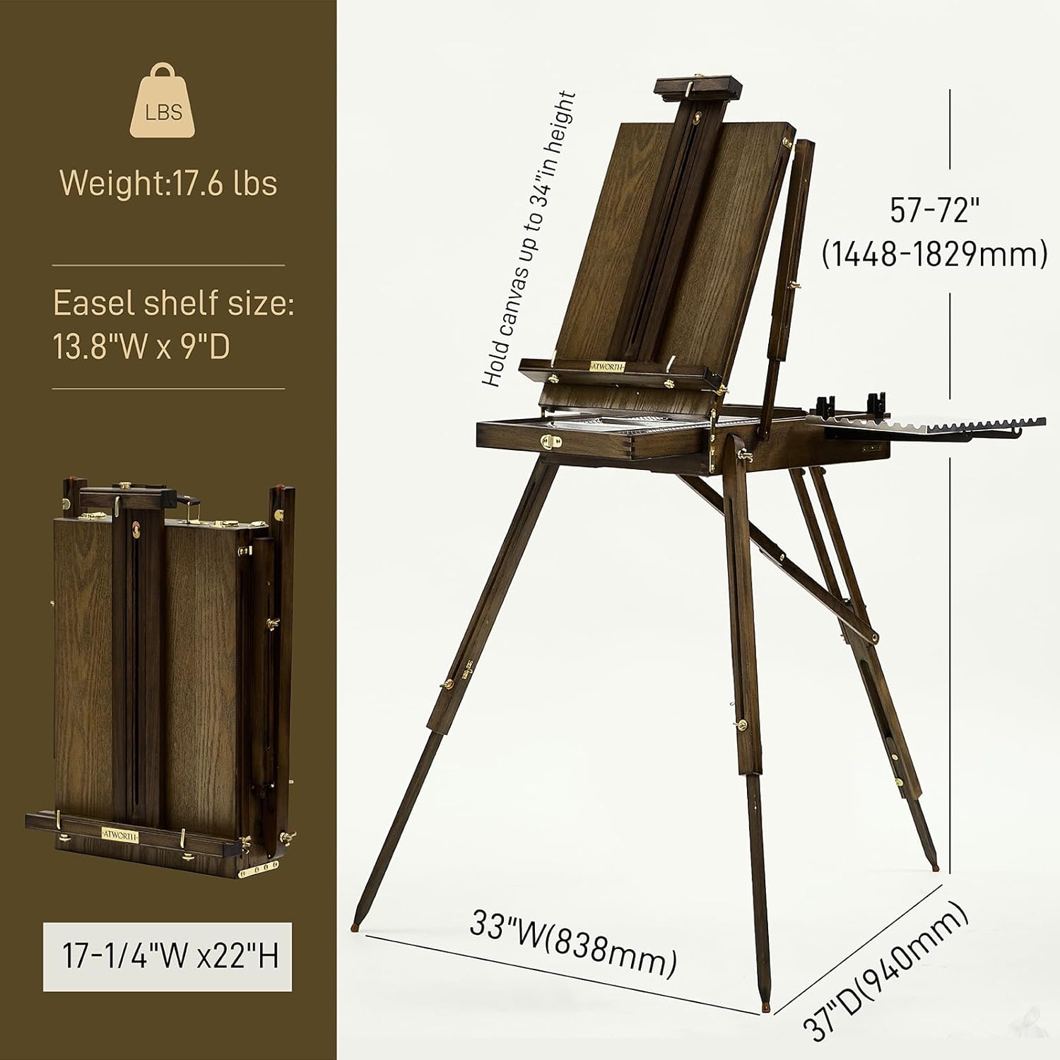 Alternative view of ATWORTH French Easel for Painting, Deluxe Beech Wooden Field & Studio Sketchbox Easel Stand with Metal Side Tray, Portable& Easy Transport for Painting Outdoor, Holds Canvas up to 34"- Gray Walnut
