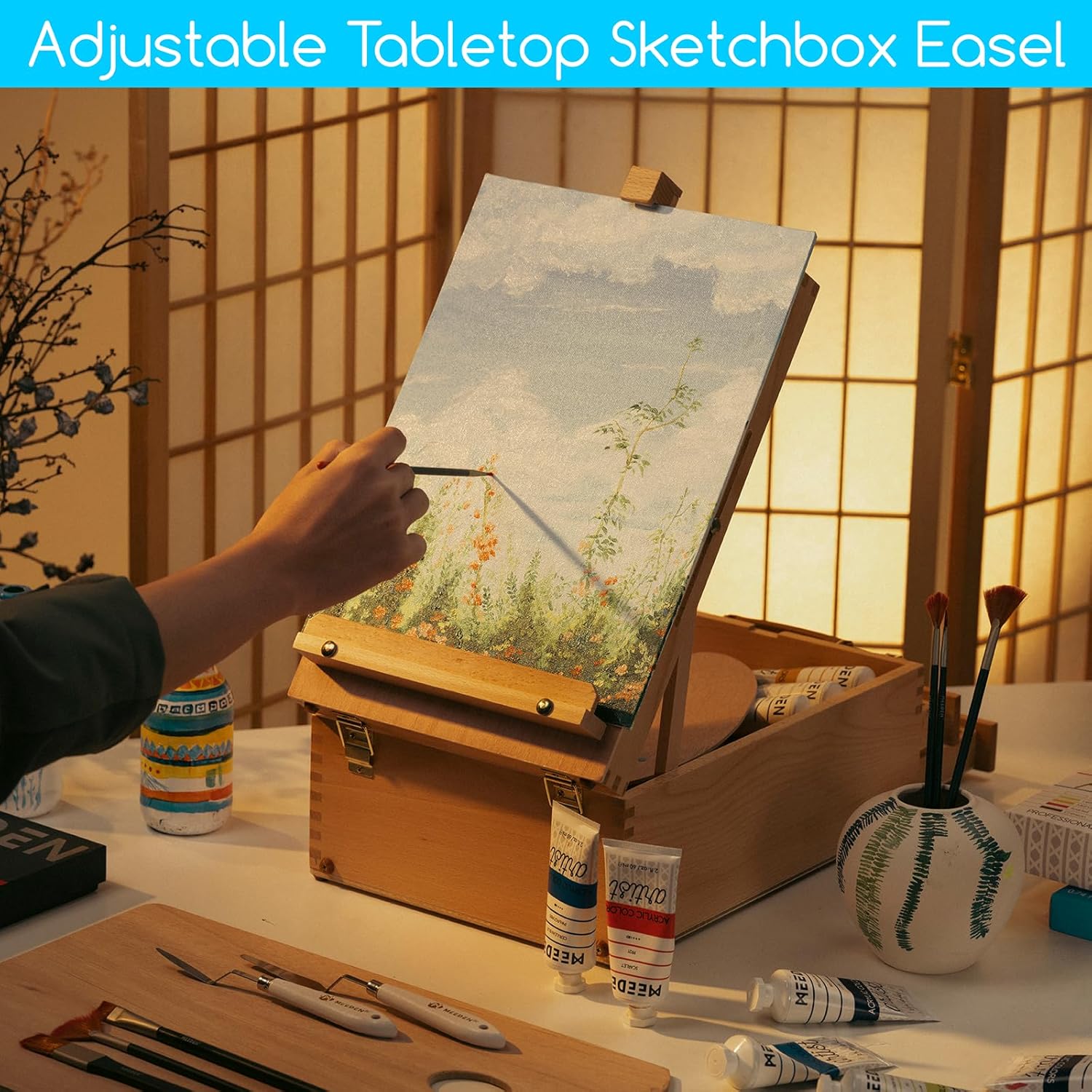 MEEDEN Large Tabletop Easel Sketchbox, Adjustable Solid Beech Wood Desktop Easel Box, Travel Easel for Artists, Table Top easels for Painting, Wooden Art Storage Box for Artist, Adults & Beginners
