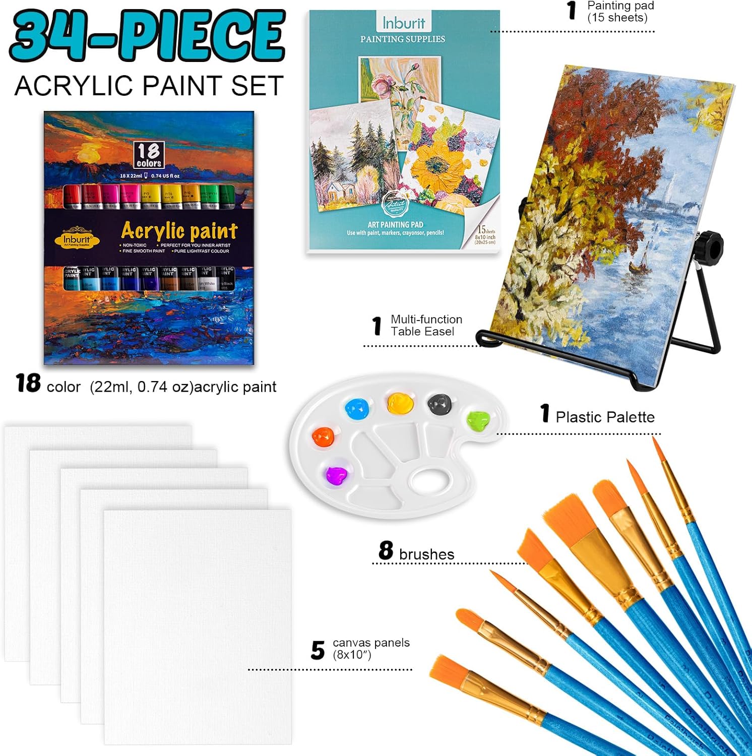 Inburit Art Paint Set for Kids, Painting Supplies Kit with 5 Canvas Panels, 8 Brushes, 18 Acrylic Paints, Multi-Function Table Easel, Etc, Premium Acrylic Paint Set for Students, Kids and Beginner.