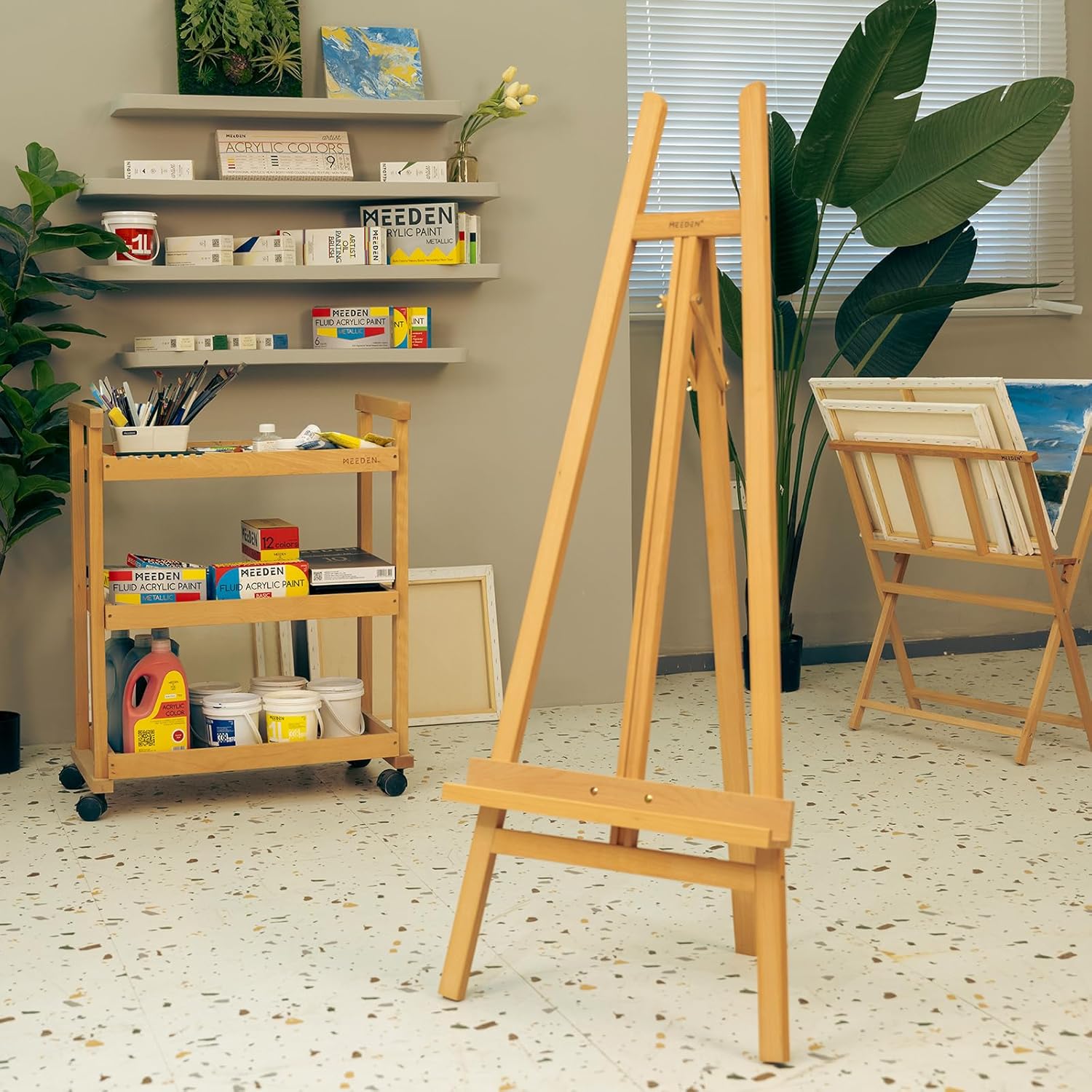MEEDEN Art Easel Stand for Display - Adjustable Beech Wood Floor Easels for Painting, Holding Canvas up to 60", Ideal for Artist, Adults Painting Canvas, Drawing, Signs - Middle