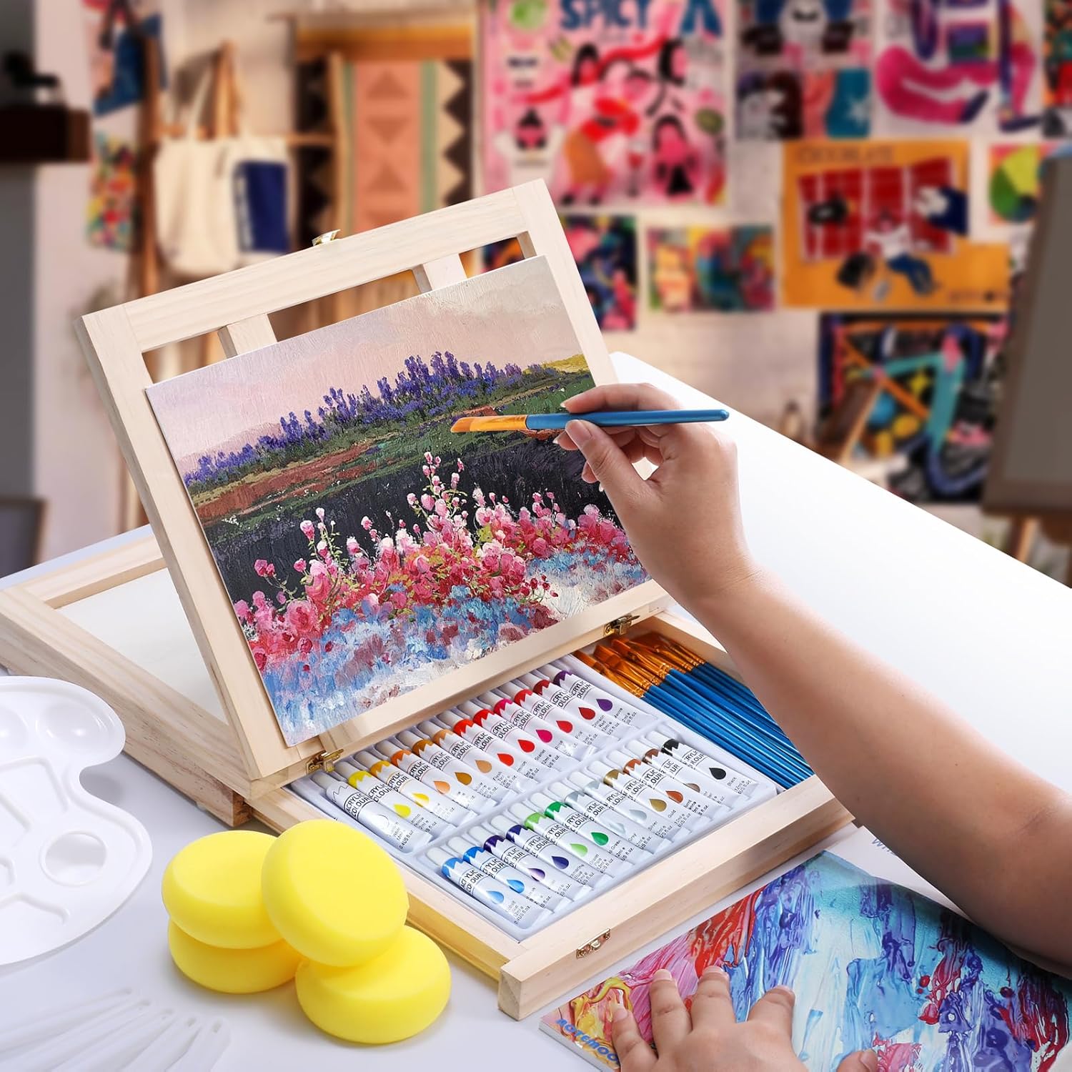 Alternative view of Wooden Tabletop Art Easel Set for Painting, 54 Pieces Starter Acrylic Paint Set with 24 Colors Acrylic Paints, Canvases, Sketch Pads, Brushes and Palette for Beginners Young Artists and Adults