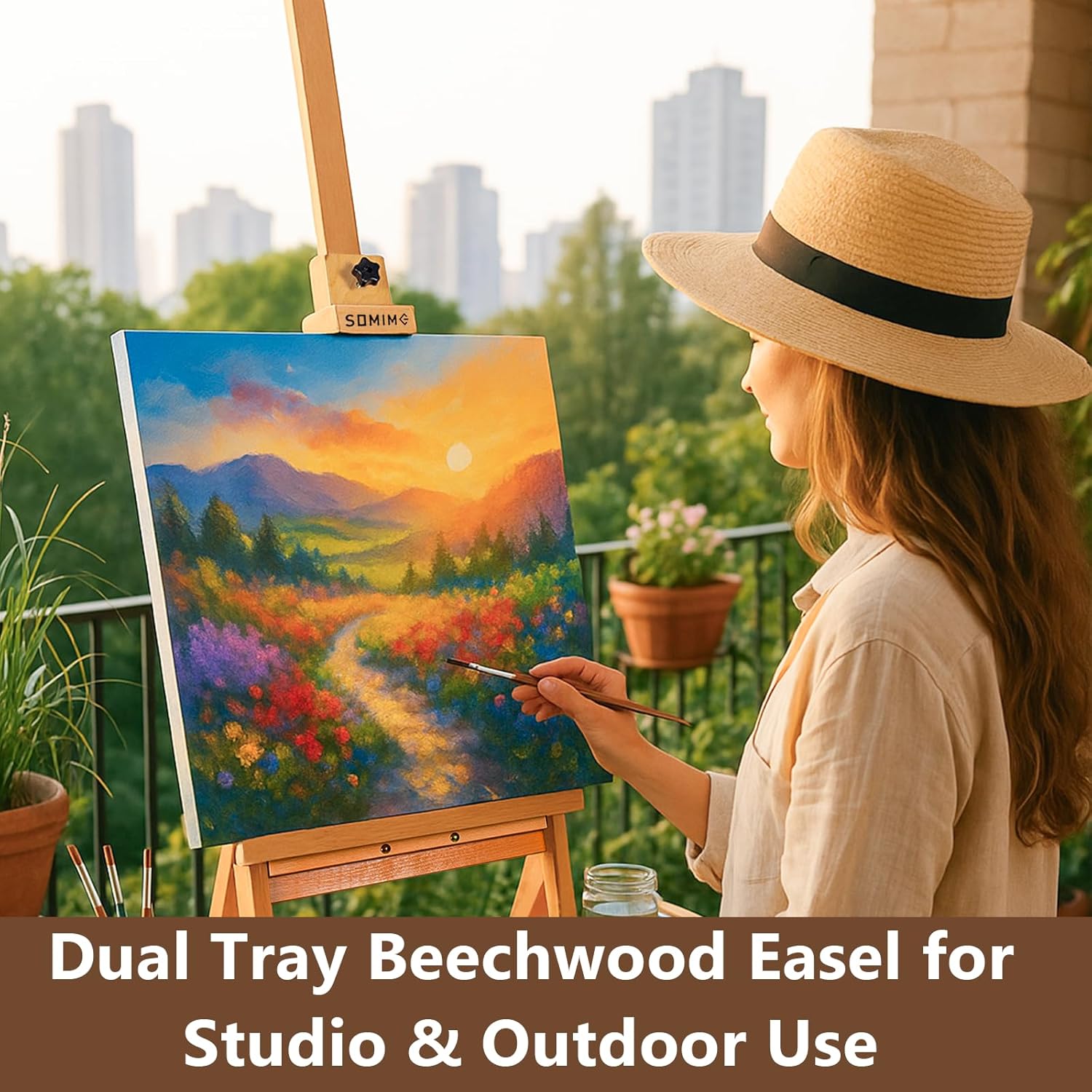 Somime Large Wooden H-Frame Studio Easel with Storage Drawer and Palettes, Solid Beechwood Painting Easel for Students, Beginners, and Artists, Hold Canvas to 36Inches High