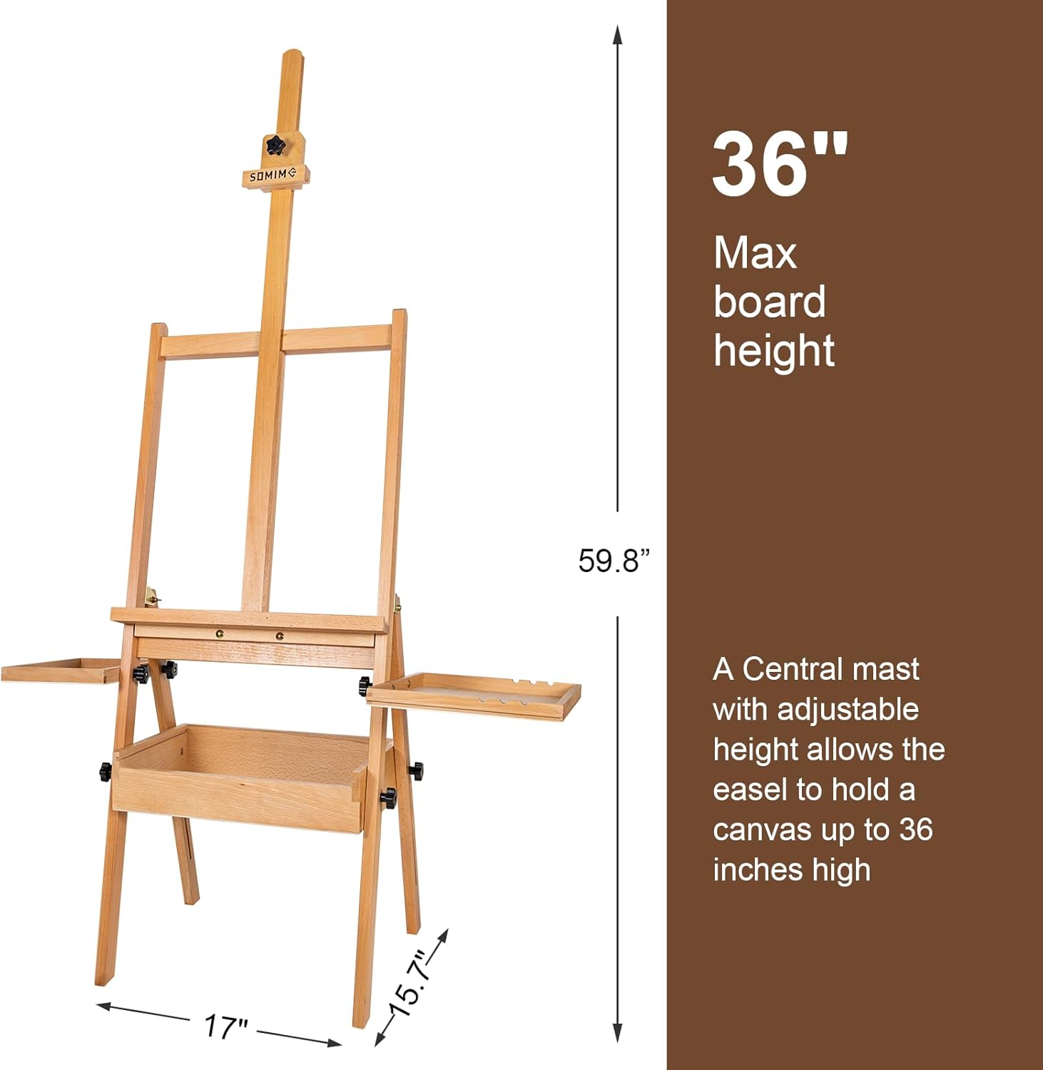Alternative view of Somime Large Wooden H-Frame Studio Easel with Storage Drawer and Palettes, Solid Beechwood Painting Easel for Students, Beginners, and Artists, Hold Canvas to 36Inches High
