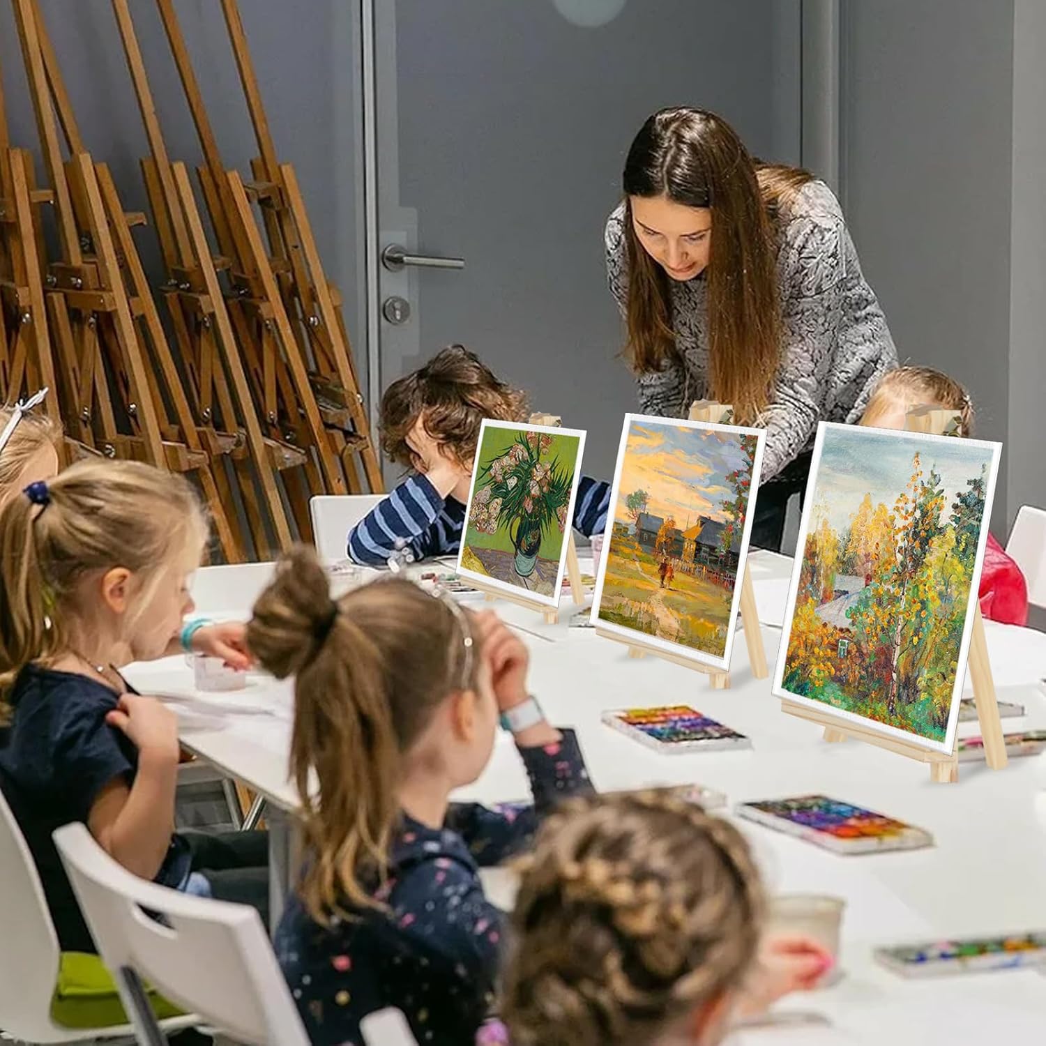 Fesorsi Mini Easels 12 Pack, Small Easels for Painting 24cm/9 Inch, Folding Design, Small Easel with 12 Palettes and 60 Brushes, Suitable for Outdoor Painting Party