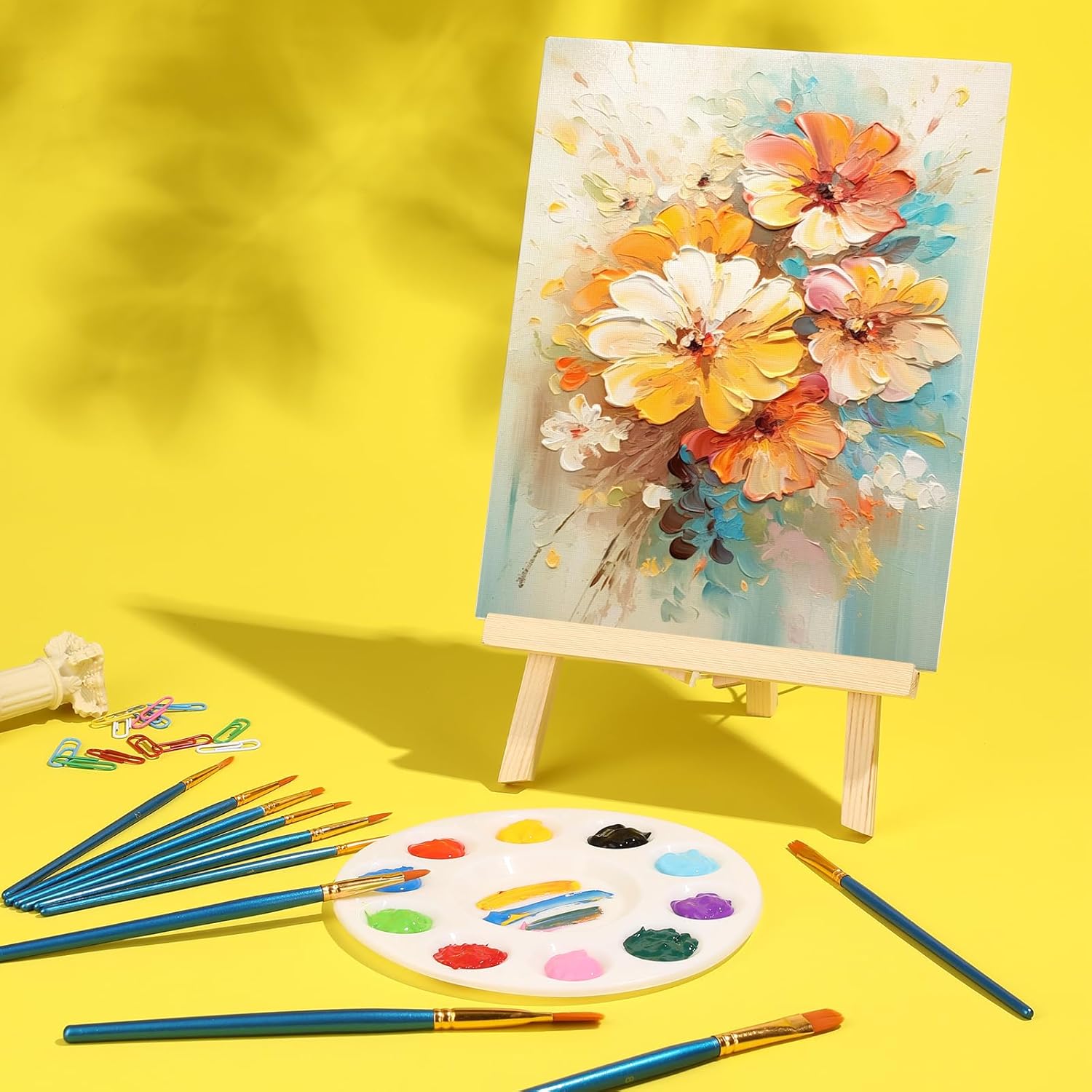 AROIC 104 Pack Easel and Canvas Sets with 8 Wood Easels,80 Brushes,8 Canvas and 8 Palette, Painting Set, Art Tabletop Easel, Painting Supplies for Kids & Adults Party