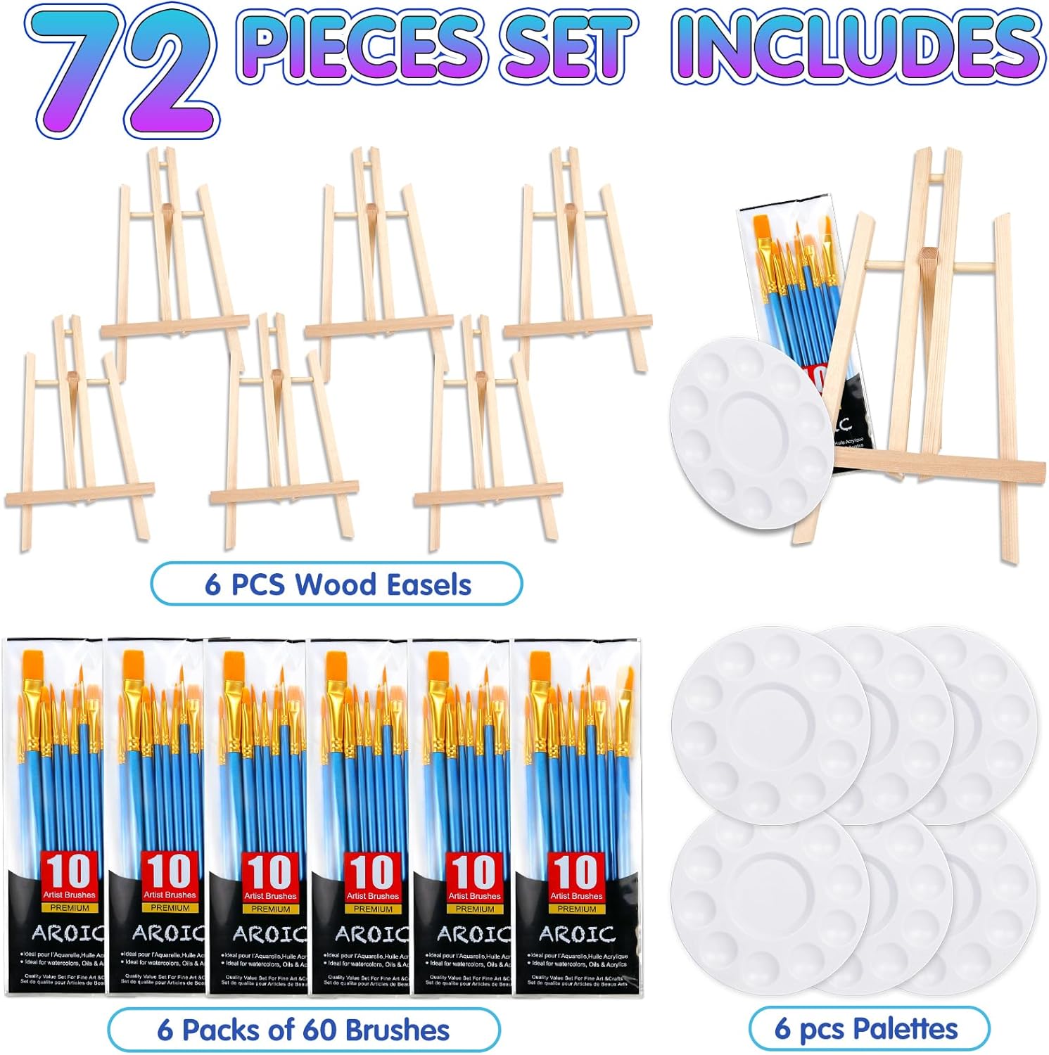 AROIC 72 PCS Professional Painting Set with Easels, 6 PCS Wood Easels,6 Packs of 60 Brushes with Nylon Brush Head and 6 pcs Palettes, Painting Supplies kit for Kids & Adults to Paint Party.