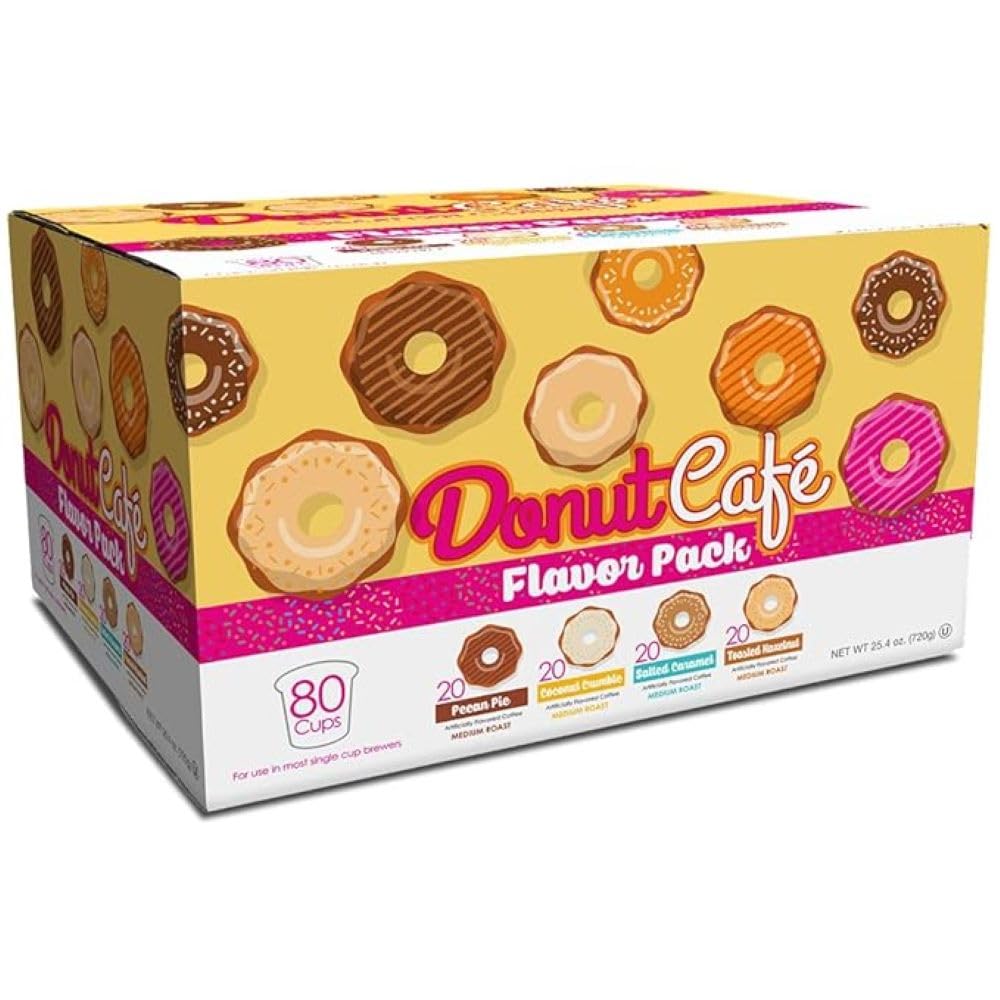 Donut Café - Gourmet Coffee Medium Roast Flavored Variety Pack u2013 Pecan Pie, Coconut Crumble, Salted Caramel, Toasted Hazelnut u2013 Single Serve Coffee Pods for Keurig K Cup Brewers u2013 80 Count