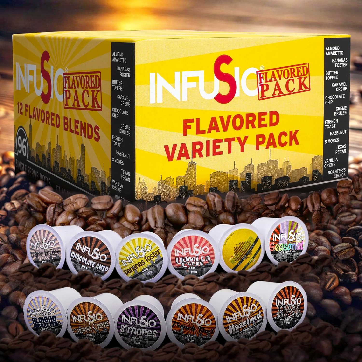 InfuSio Flavored Coffee Pods Variety Pack u2013 96 Count, 12 Gourmet Medium Roast Dessert-Inspired Blends like Bananas Foster & Crème Brûlée, Compatible with Keurig K-Cup 2.0 Brewers