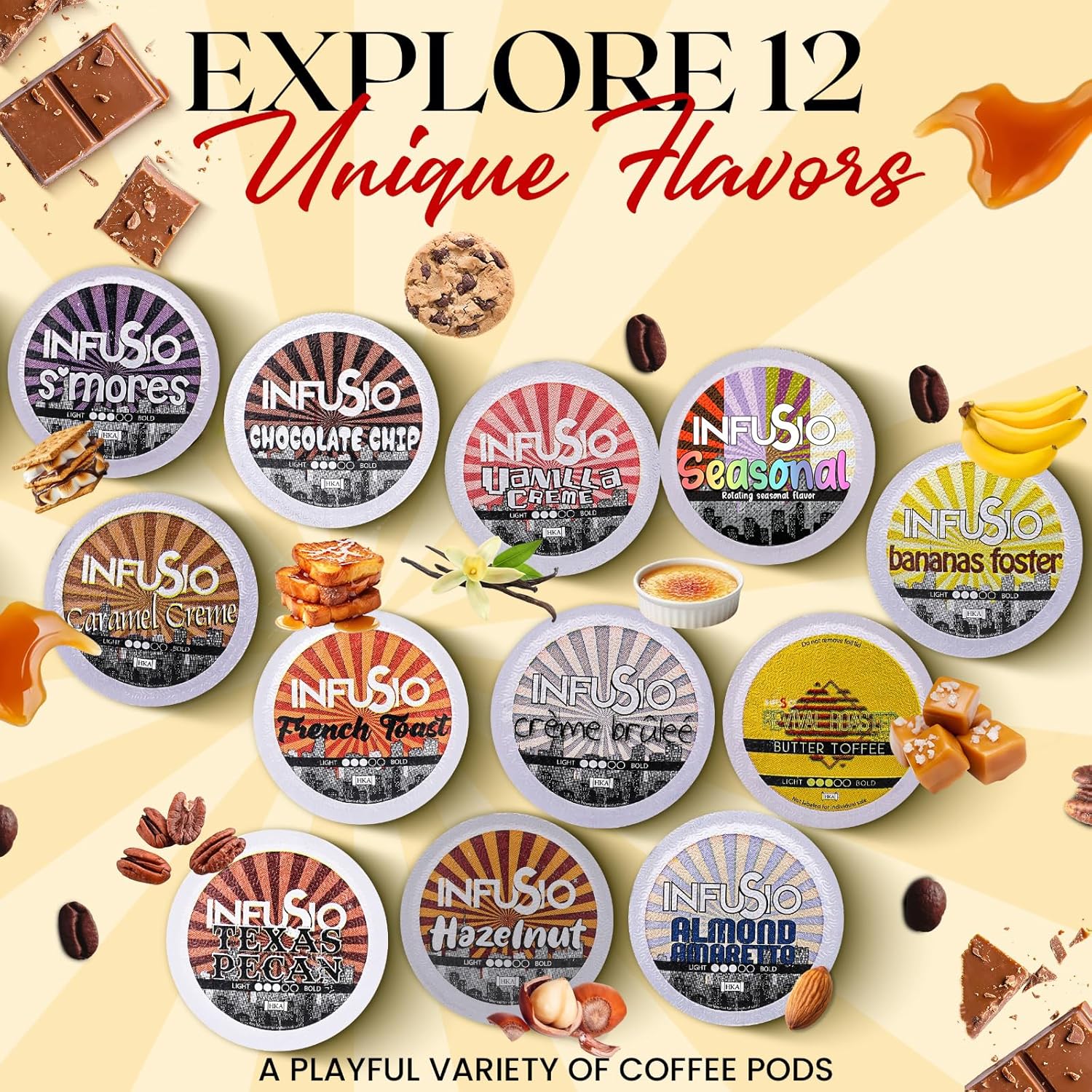 Alternative view of InfuSio Flavored Coffee Pods Variety Pack u2013 96 Count, 12 Gourmet Medium Roast Dessert-Inspired Blends like Bananas Foster & Crème Brûlée, Compatible with Keurig K-Cup 2.0 Brewers