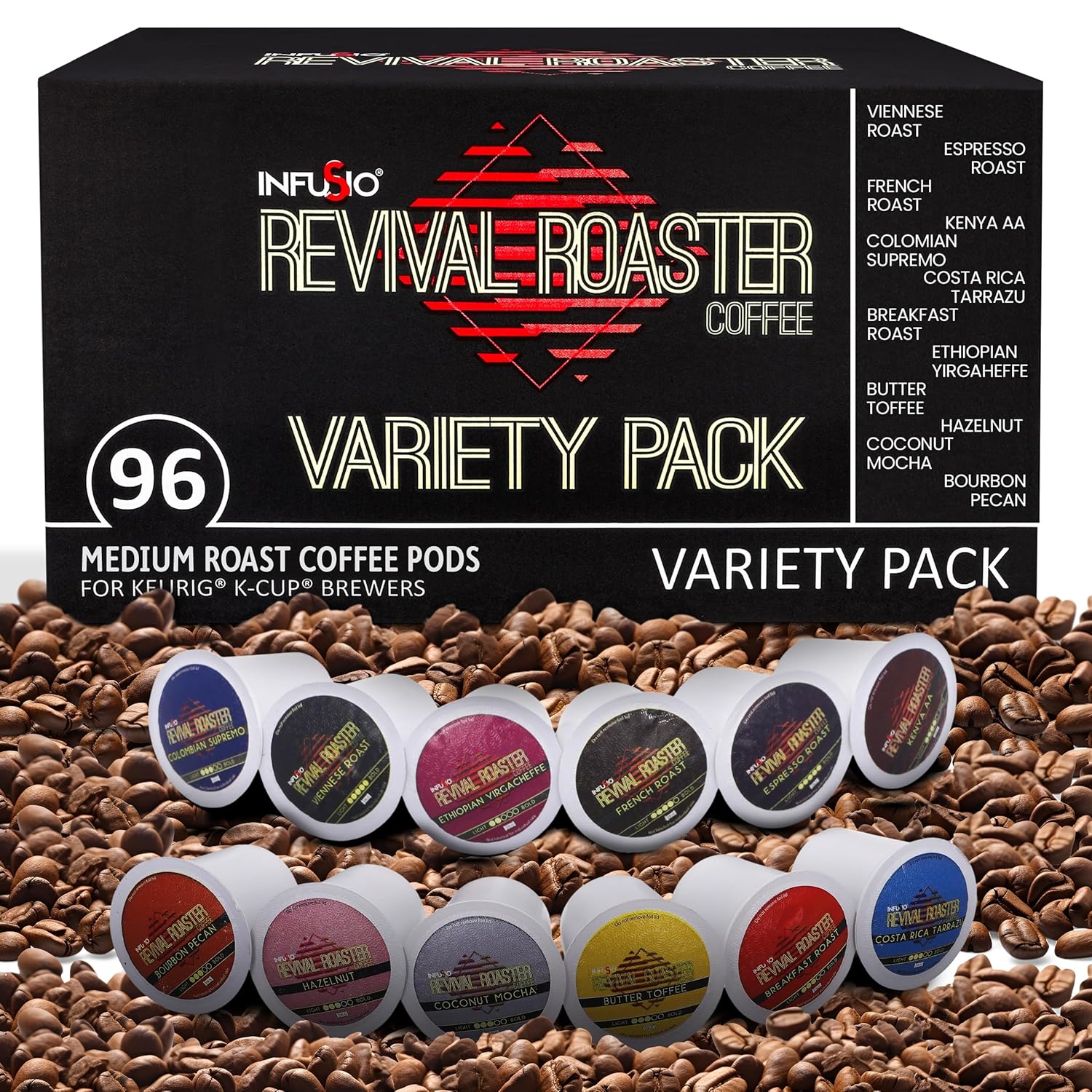 InfuSio Coffee Pods Variety Pack u2013 96 Count, 12 Crafted Medium & Dark Roast Blends and Artisan-Inspired Flavors Like Bourbon Pecan & Butter Toffee, Revival Roaster Collection, Compatible with Keurig 2.0 Brewers
