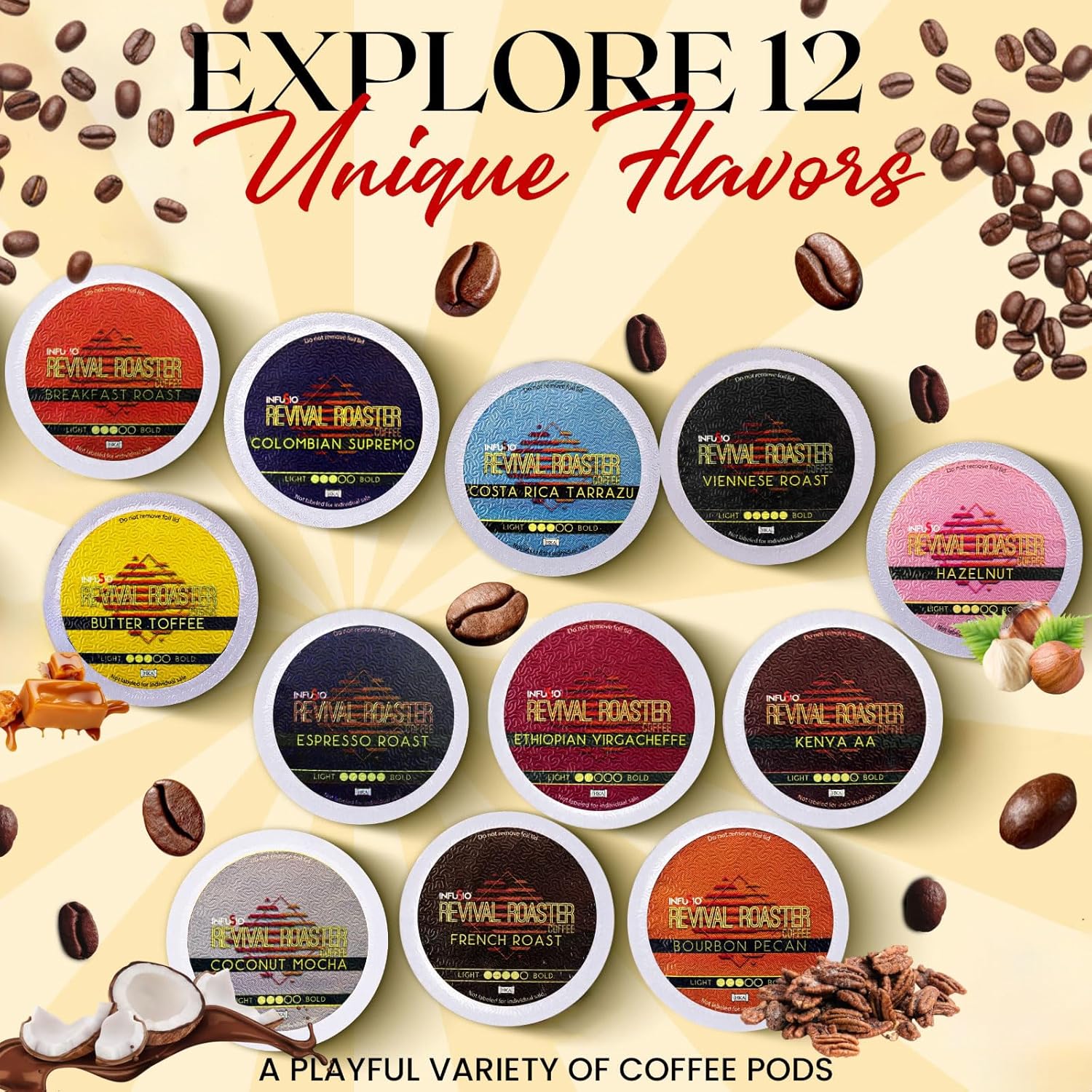 Alternative view of InfuSio Coffee Pods Variety Pack u2013 96 Count, 12 Crafted Medium & Dark Roast Blends and Artisan-Inspired Flavors Like Bourbon Pecan & Butter Toffee, Revival Roaster Collection, Compatible with Keurig 2.0 Brewers