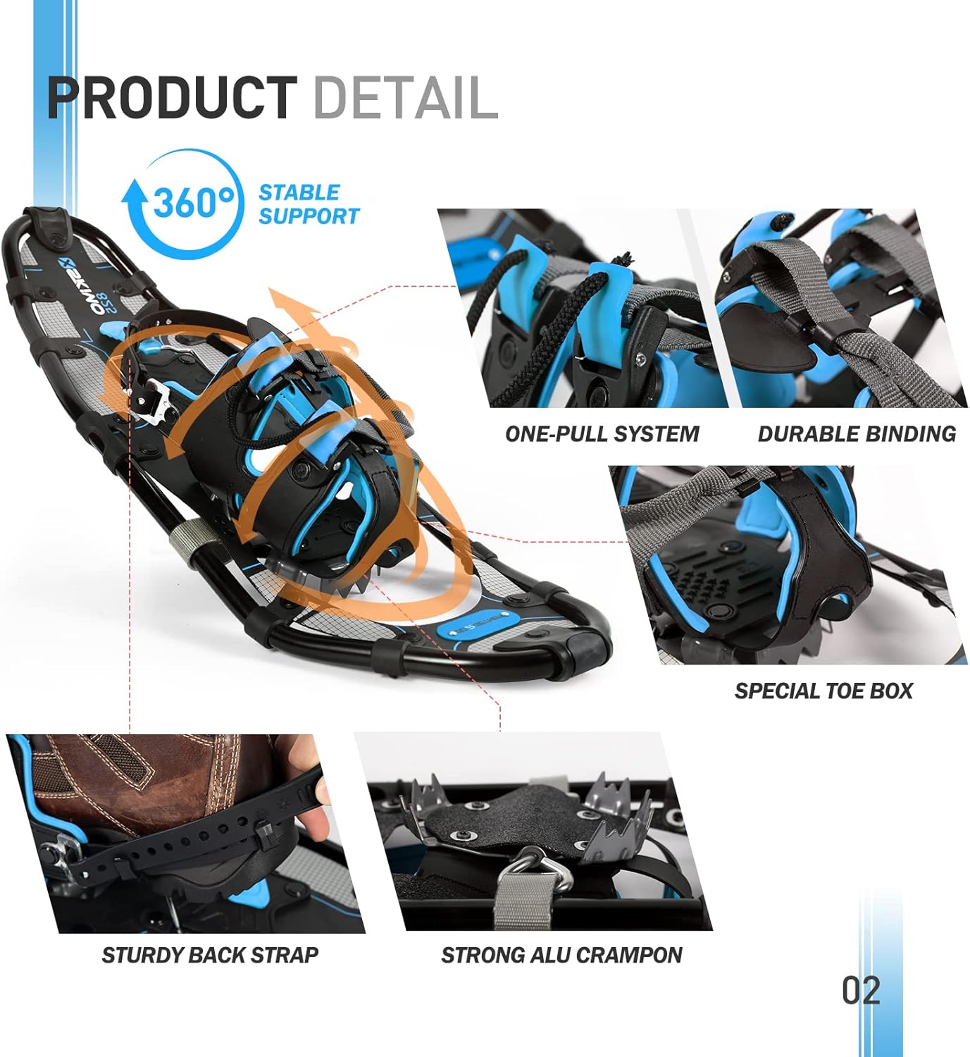G2 21/25/30 Inches Light Weight Snowshoes for Women Men Youth, Set with Trekking Poles, Carrying Bag, Snow Baskets, Special EVA Padded One-Pull Binding, Heel Lift, Toe Box, Orange/Blue/Red Available