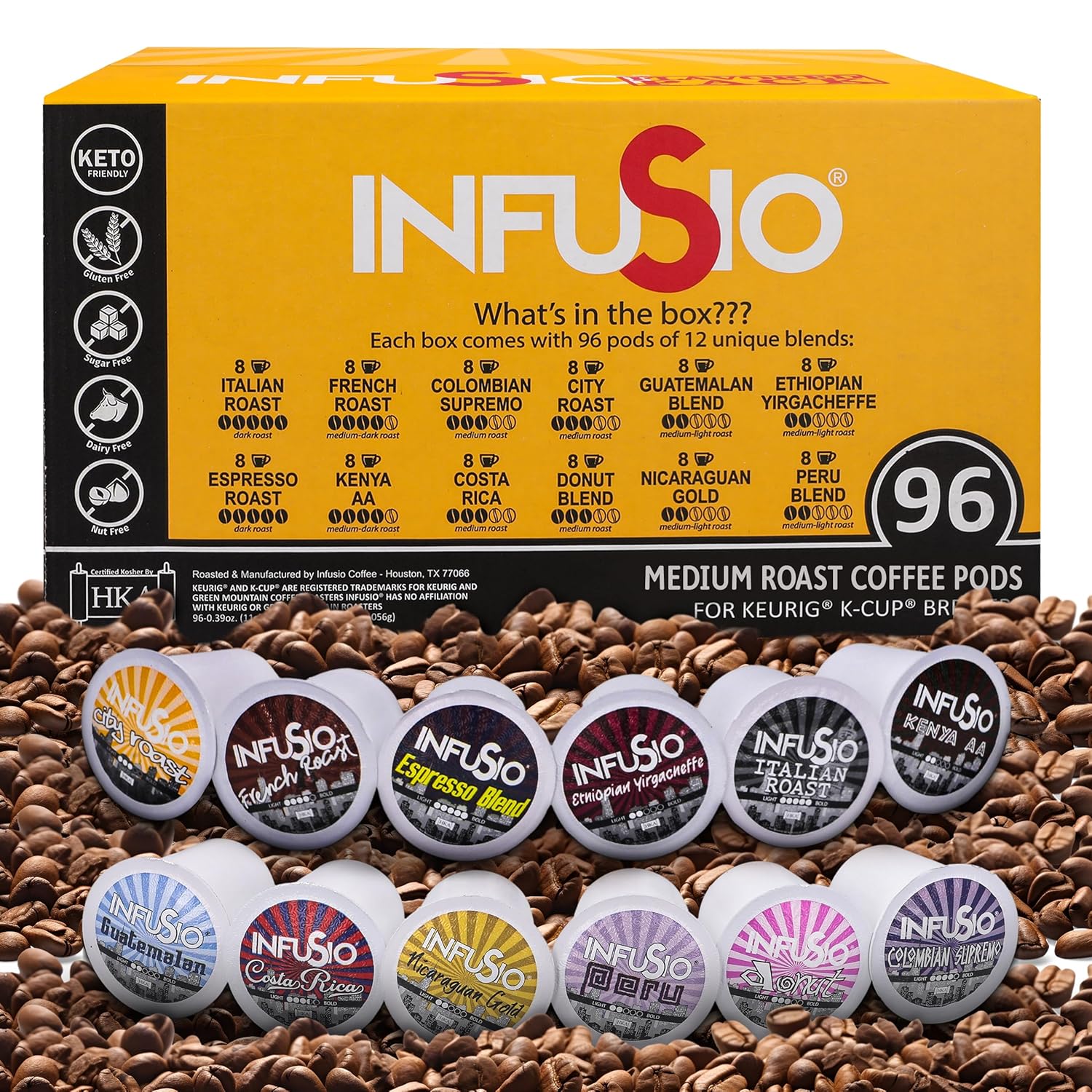InfuSio Coffee Pods Variety Pack u2013 96 Count, 12 Sophisticated Medium & Dark Roast Blends, Crafted Blends Collection u2013 Premium Single-Serve Coffee, Compatible with Keurig K-Cup 2.0 Brewers