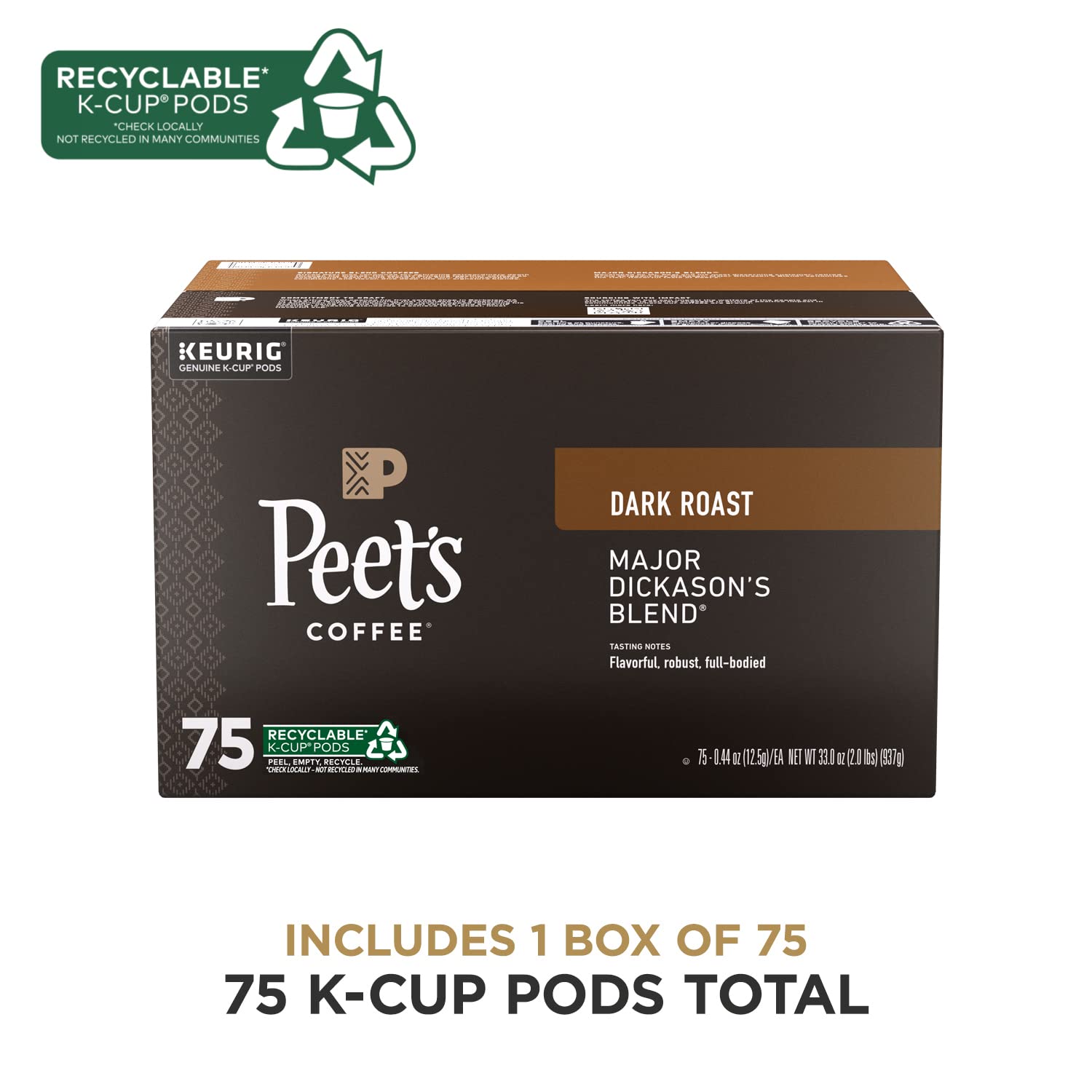 Peet's Coffee, Dark Roast Keurig K-Cup Pods 100% Arabica Coffee, Major Dickason's Blend 75 Count (1 Box of 75 Pods)