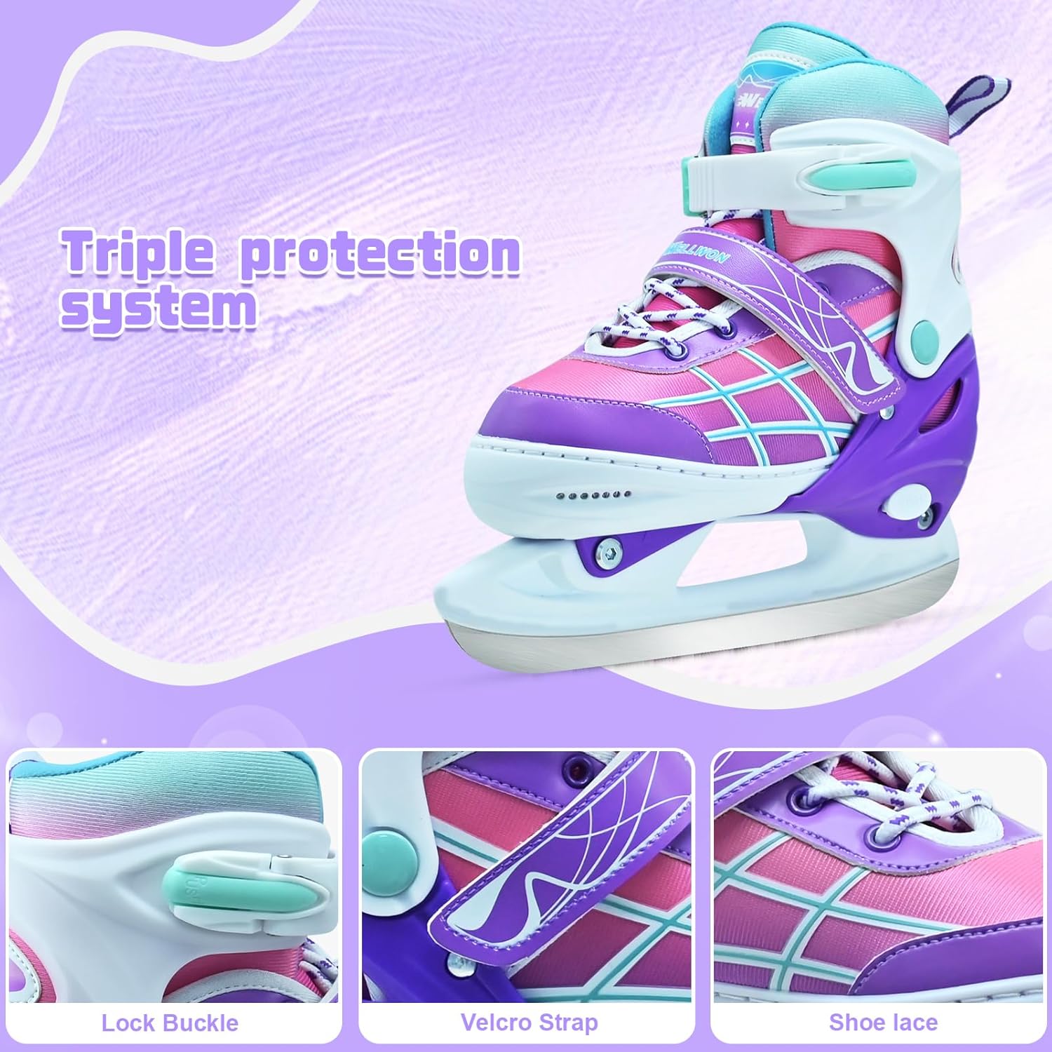 Alternative view of Kids Ice Skates for Boys and Girls, Adjustable Ice Skating Shoes for Beginner Ages 4-12, Gradient Pink Purple Green Iceskates for Outdoor and Rank