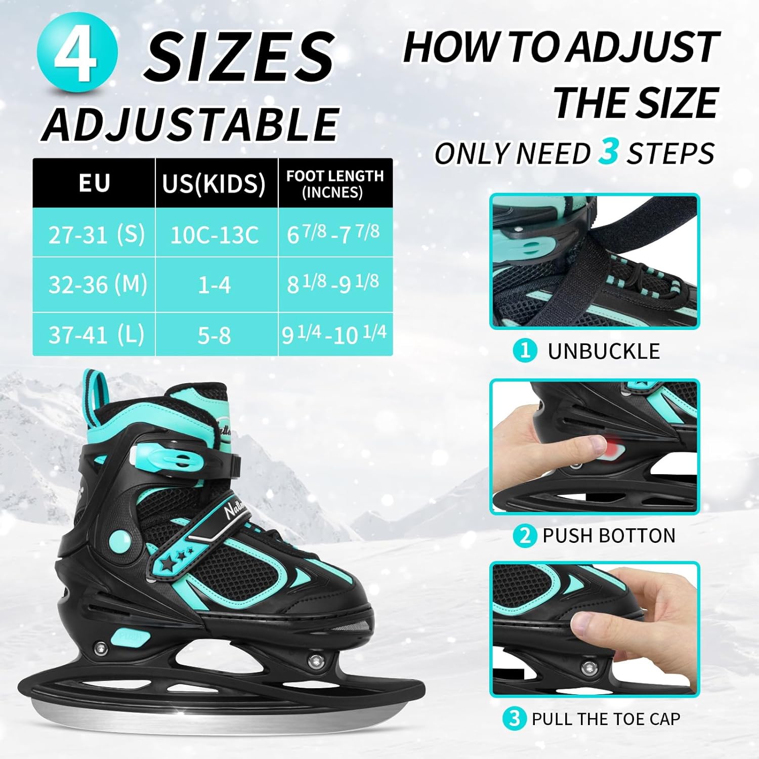 Nattork Ice Skates for Kids, Boys and Girls, Hockey Lace-Up Adjustable Skates Soft Padding and Reinforced Ankle Support for Beginners
