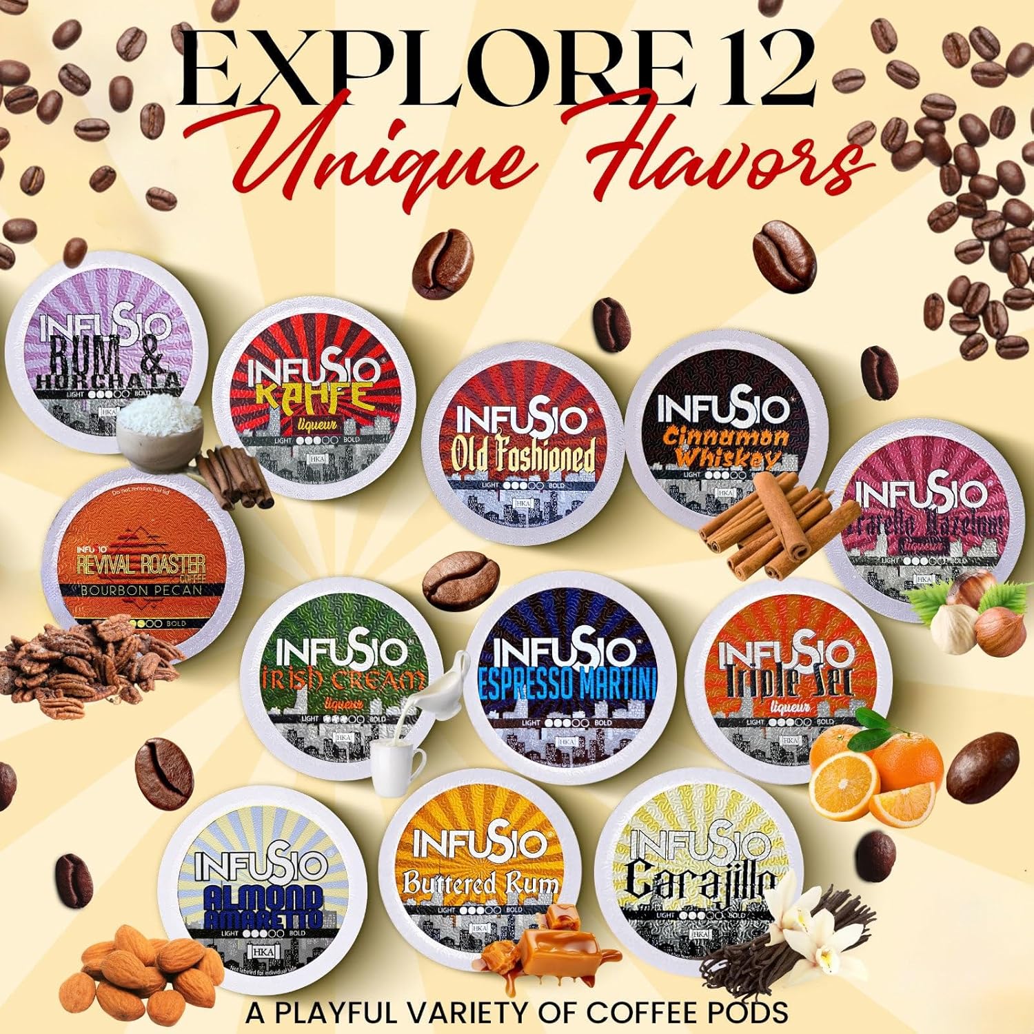 Alternative view of InfuSio Flavored Coffee Pods Variety Pack - 120 Count Flavored Medium Roast, 12 Curated Blends Inspired by Classic Cocktails, Compatible with Keurig K cups 2.0 Brewer