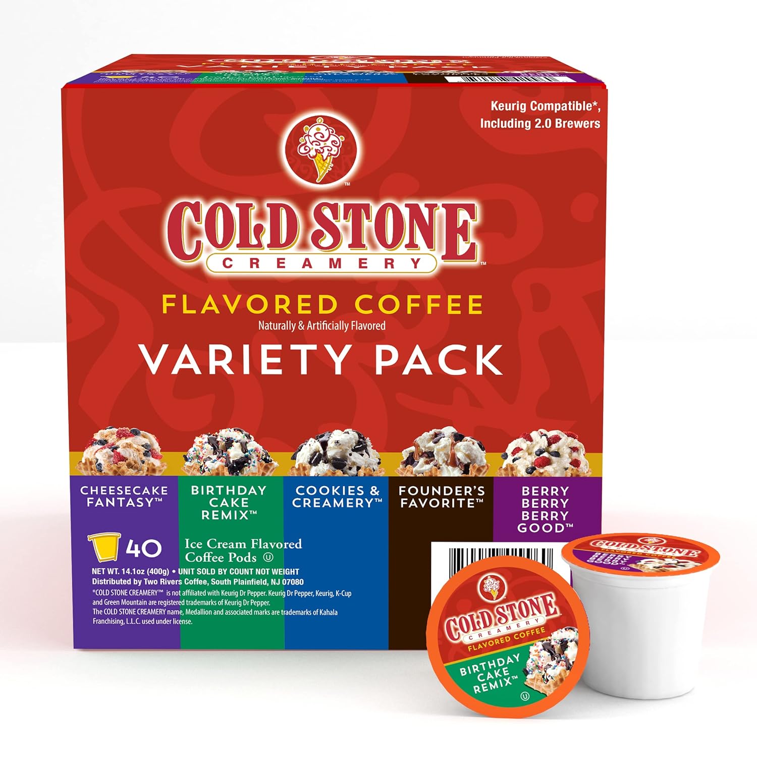 Cold Stone Creamery Beverages Coffee Pods Compatible with K Cup Brewers Including 2.0 - Ice Cream Flavored Assorted Variety Pack, 40 Count