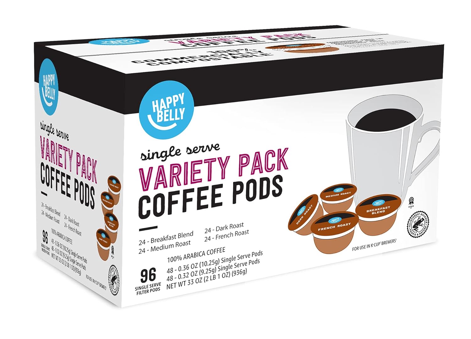 Amazon Brand - Happy Belly Variety Pack Compostable Coffee Pods, Compatible with K-Cup Brewer (Breakfast Blend, Dark/ Medium/ French Roast) 96 count (Pack of 1) - Image 5
