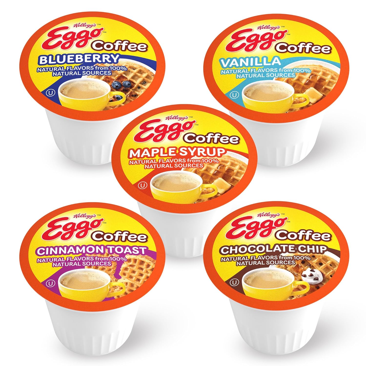Eggo Beverages Waffle Flavored Coffee Pods Variety Pack Sampler for Keurig K Cup Brewers, Fair Trade Certified, 40 Count u2013 Chocolate Chip, Cinnamon, Maple Syrup, Blueberry, Vanilla