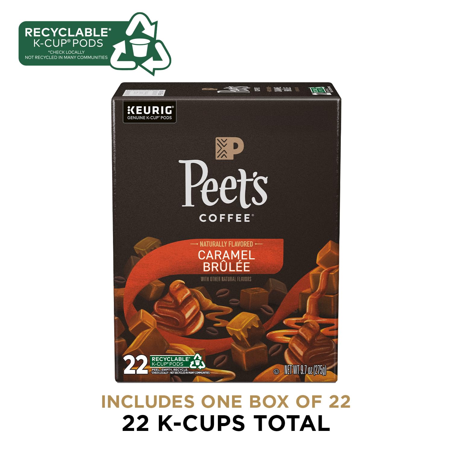 Peet's Coffee, Flavored Light Roast Keurig K-Cup Pods - Caramel Brulee 22 Count (1 Box of 22 Pods)