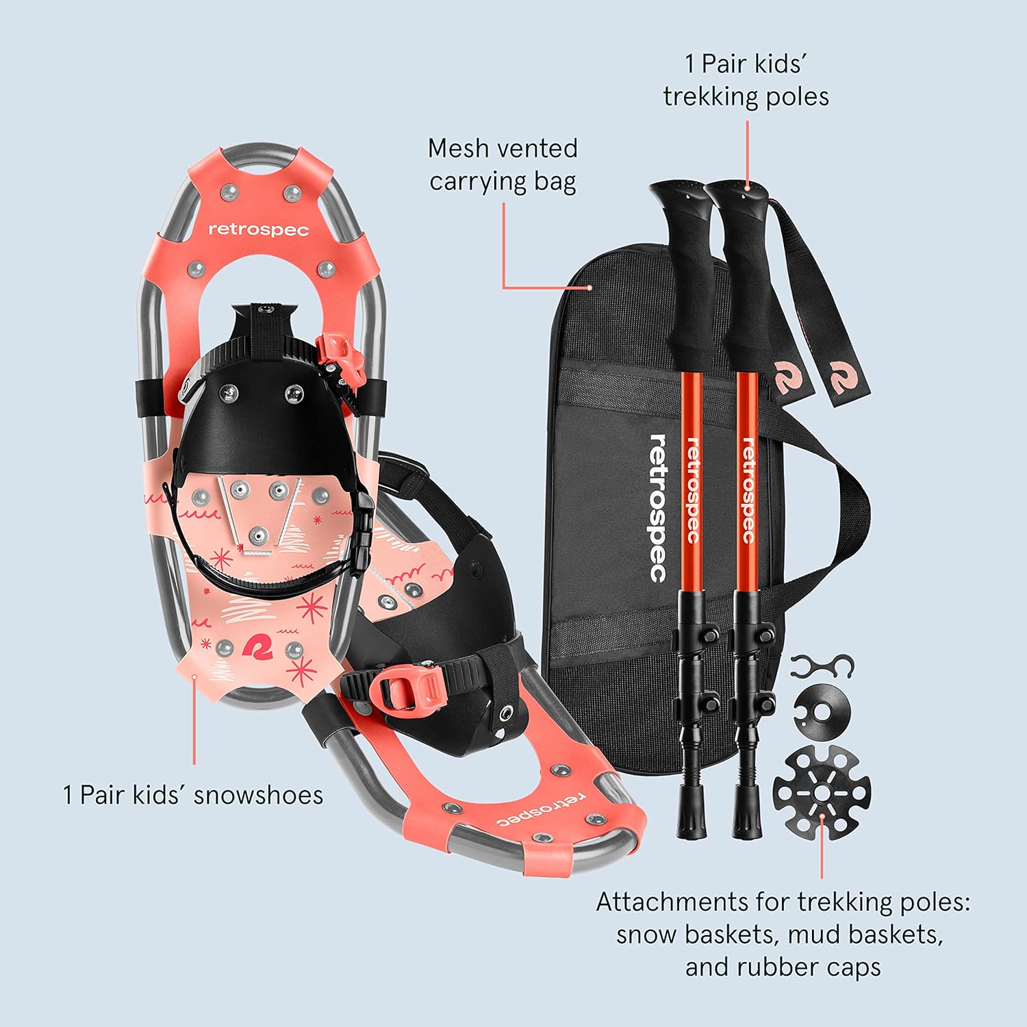 Retrospec Drifter Kids Snowshoes Bundle with Adjustable Trekking Poles - Lightweight Aluminum Hiking Sticks Collapsible for Boys & Girls All Terrain - Walking Sticks with Carrying Bag
