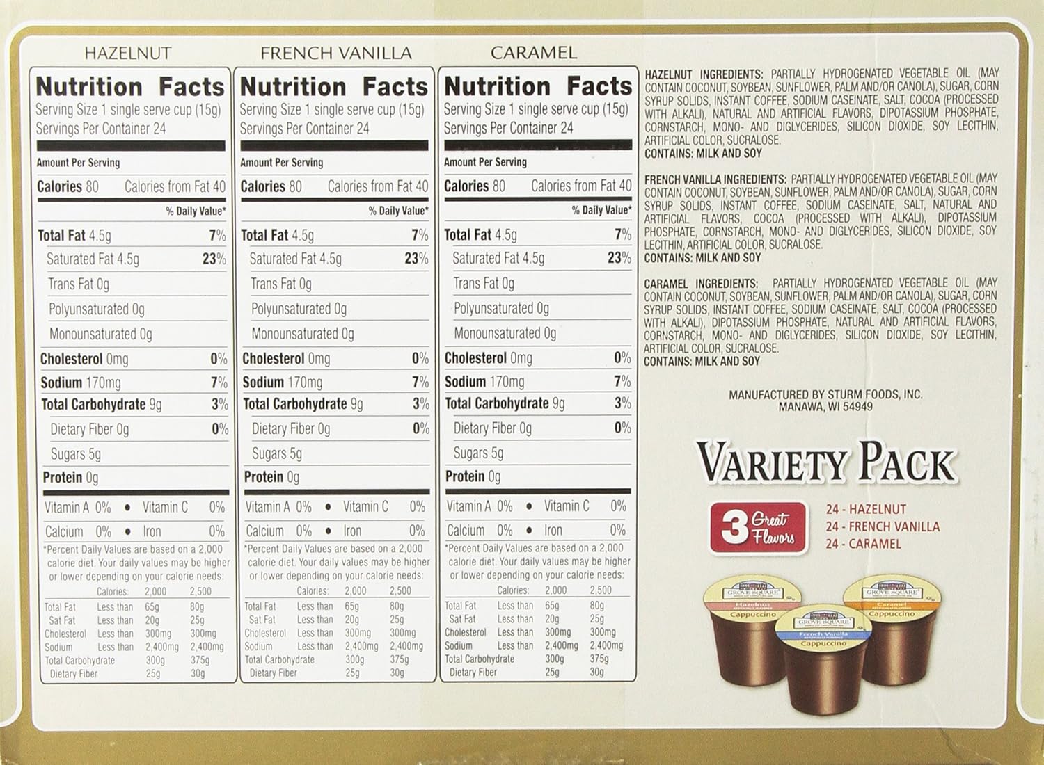 Grove Square Cappuccino Pods, Variety, Single Serve (Pack of 72)