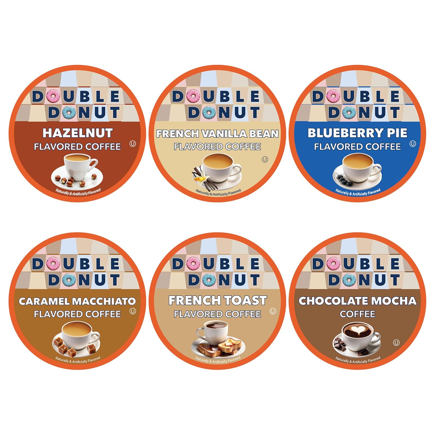 Double Donut Coffee Flavored Coffee Variety Pack, Includes Hazelnut, Caramel, Chocolate Coffee & More, Single Serve Pods for Keurig K Cups Machines, 18 Count