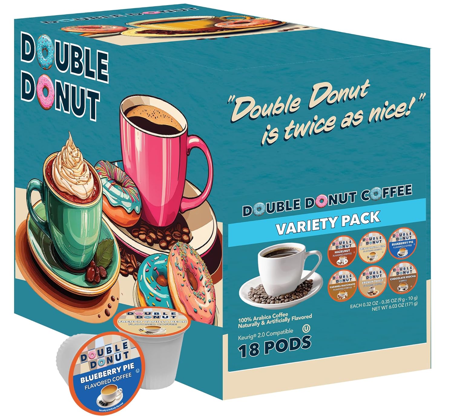 Alternative view of Double Donut Coffee Flavored Coffee Variety Pack, Includes Hazelnut, Caramel, Chocolate Coffee & More, Single Serve Pods for Keurig K Cups Machines, 18 Count