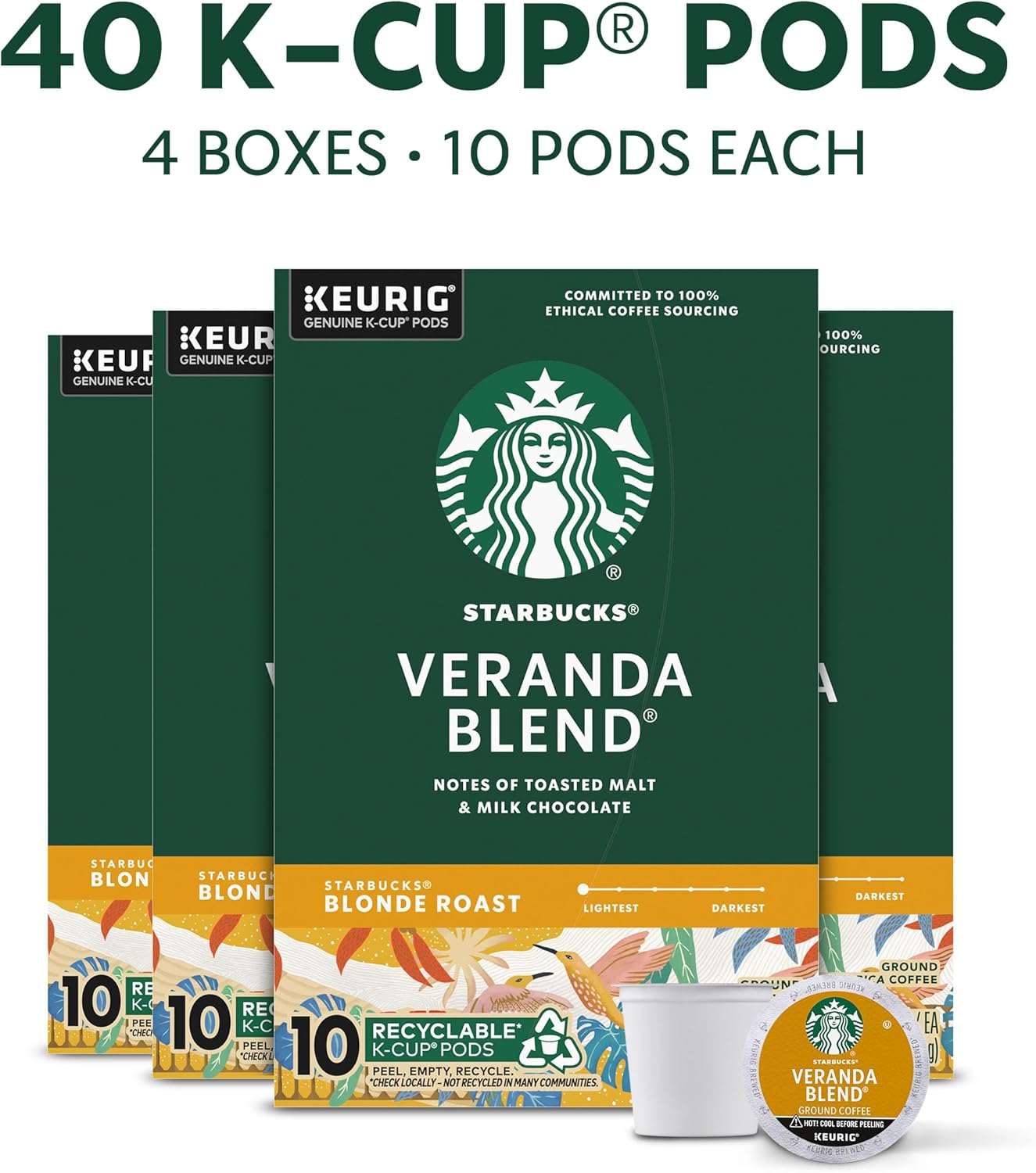 Starbucks K-Cup Coffee Pods, Starbucks Blonde Roast Hot or Iced Coffee, Veranda Blend, 40 Keurig Pods