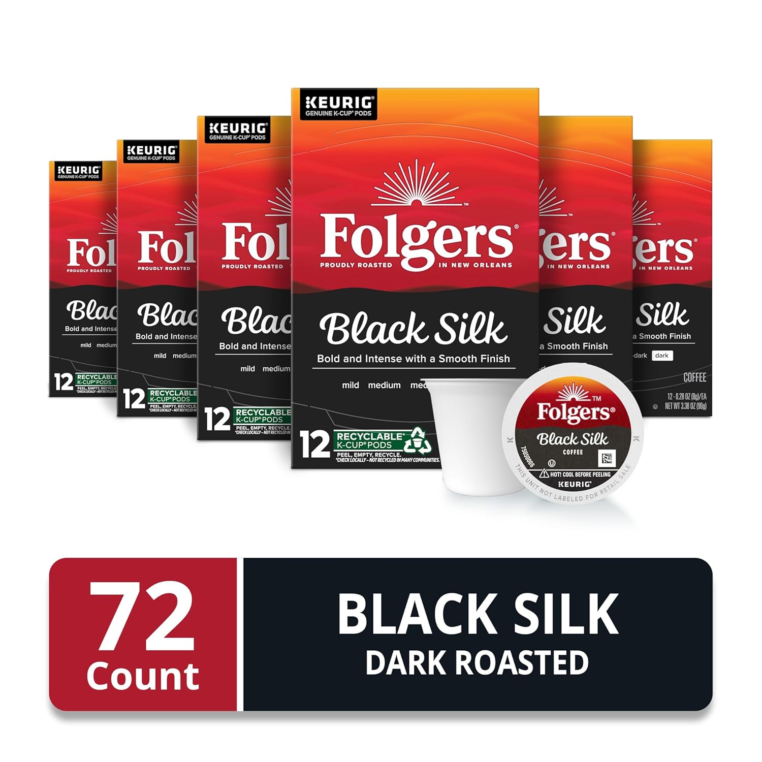 Folgers Black Silk Dark Roast Coffee, 72 Keurig K-Cup Pods