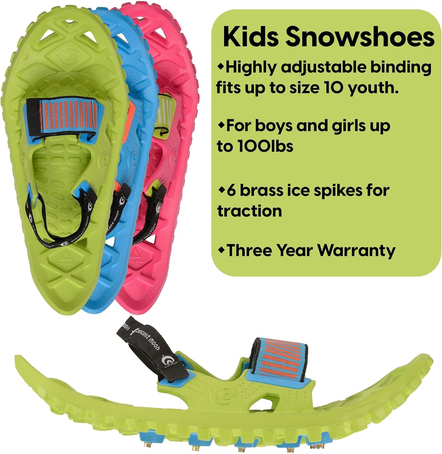 Crescent Moon Kids Snowshoes | Easy 17.5" Foam Snowshoes for Kids to 100 pounds with Secure Hook & Loop Binding, Insulating Rocker Cloud Deck & Durable Ice Spikes