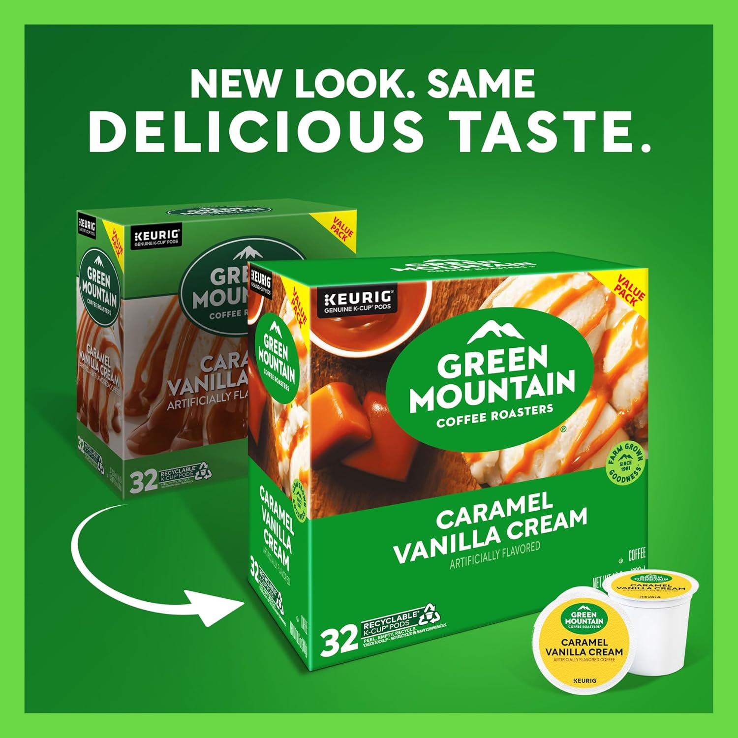 Green Mountain Coffee Roasters Caramel Vanilla Cream, Single-Serve Keurig K-Cup Pods, Flavored Light Roast Coffee Pods, 32 Count