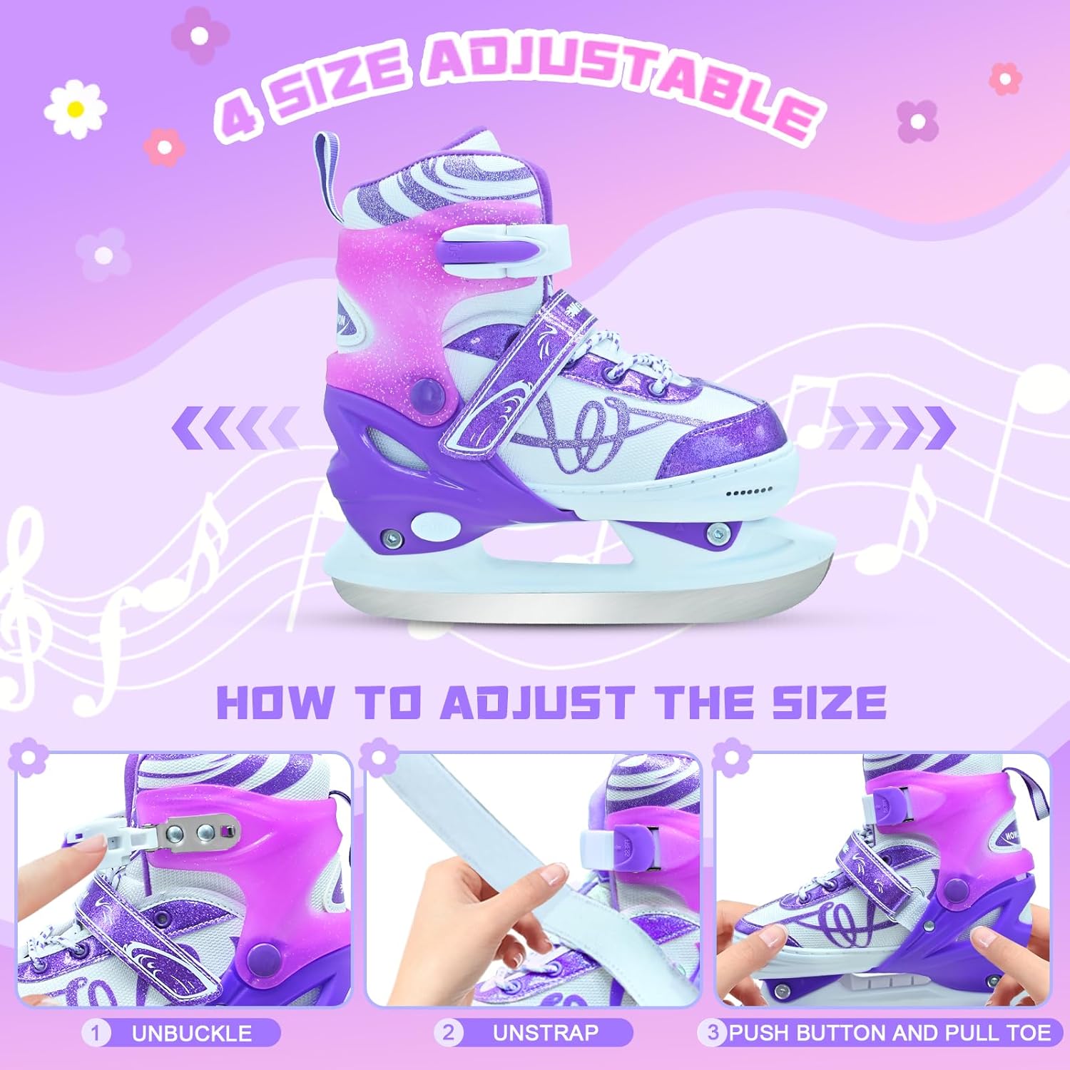 Adjustable Ice Skates for Kids, Girls Ice Skating Shoes for Beginner Ages 4-12, Iceskates for Boys Outdoor and Rank