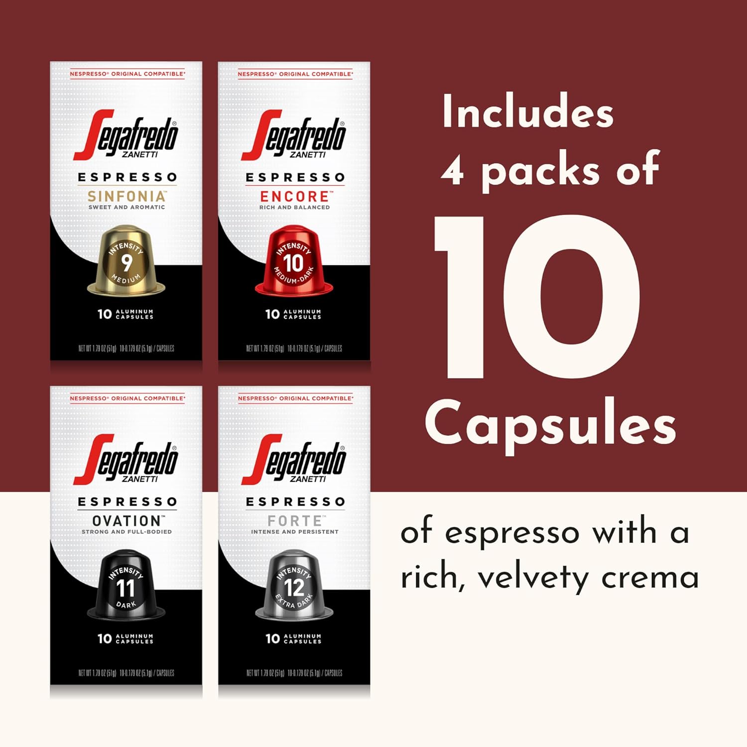 Segafredo Zanetti Espresso Capsules u2013 Aluminum Pods for Nespresso Original Machines u2013 4 Flavor Variety Pack Premium Espresso u2013 Forte, Ovation, Encore, and Sinfonia u2013 Variety, 10 Count (Pack of 4) - Image 4