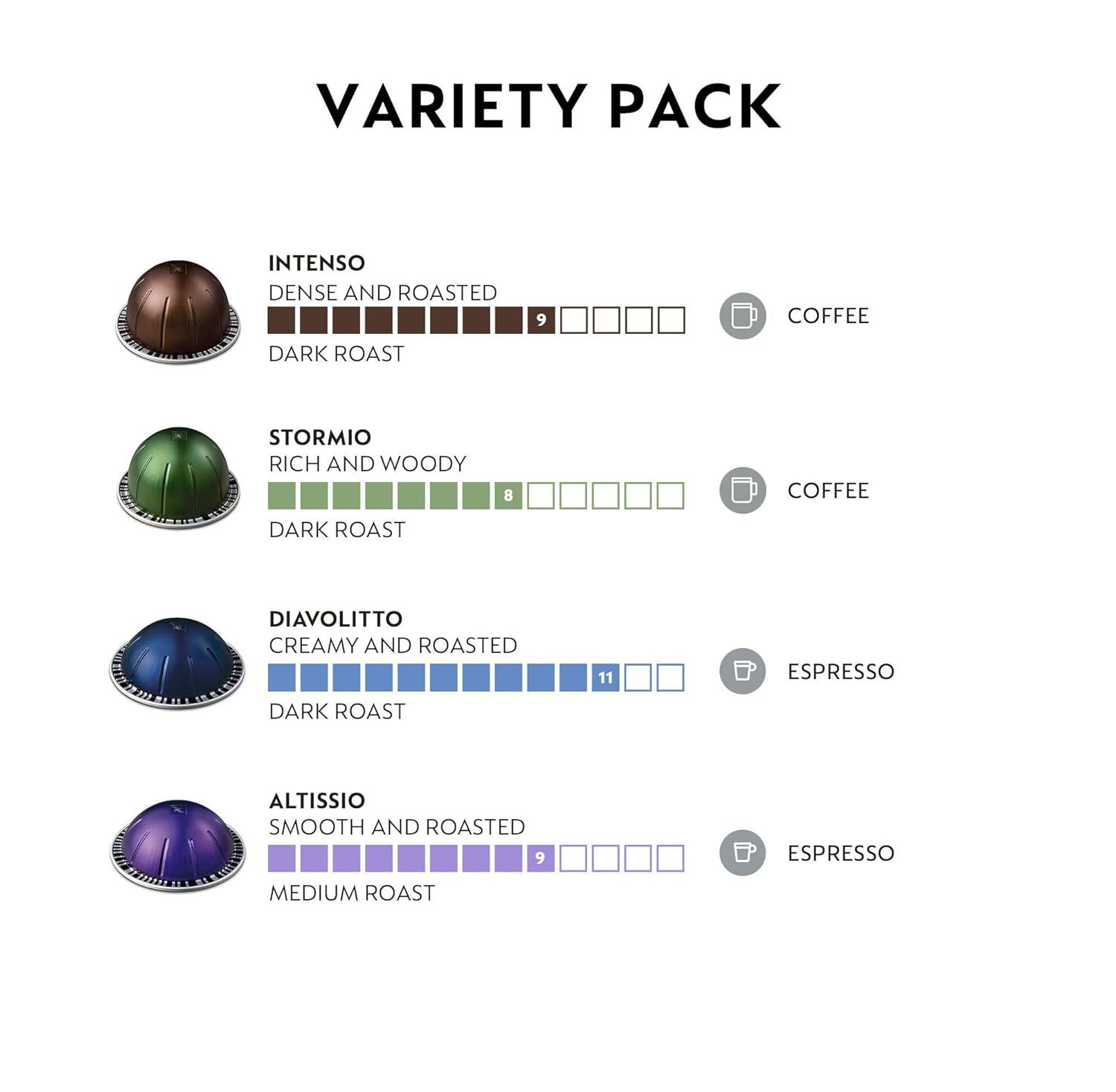 Nespresso Capsules Vertuo, Dark Assortment Variety Pack, Dark Roast Coffee & Espresso, 40-Count Coffee & Espresso Pods, Brews 7.8 oz. and 1.35oz.