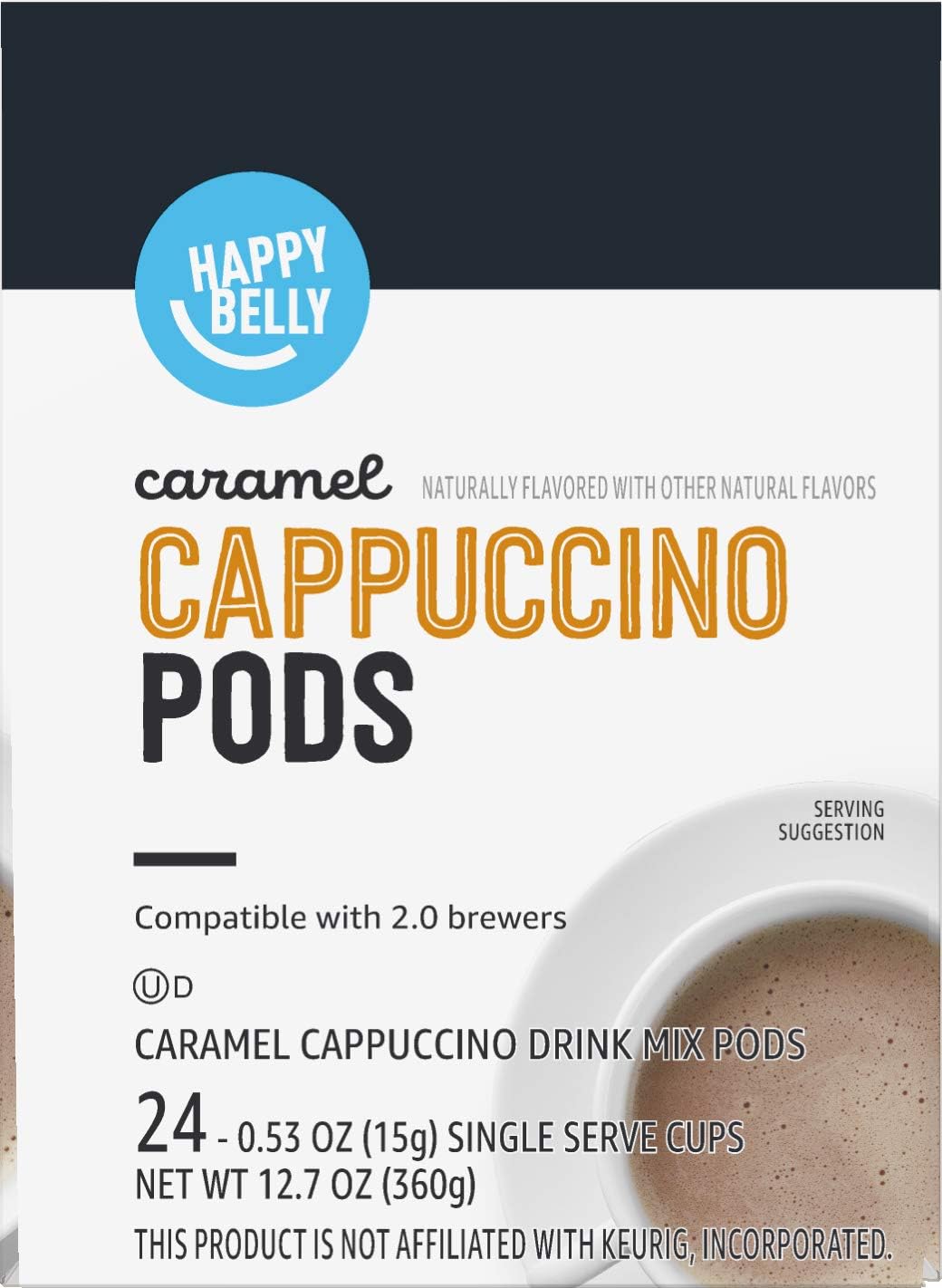 Amazon Brand - Happy Belly Cappuccino Coffee Pods Compatible With K Cup Brewers, Light Roast, Caramel Flavored, 24 Count, 12.72 ounce (Pack of 1)