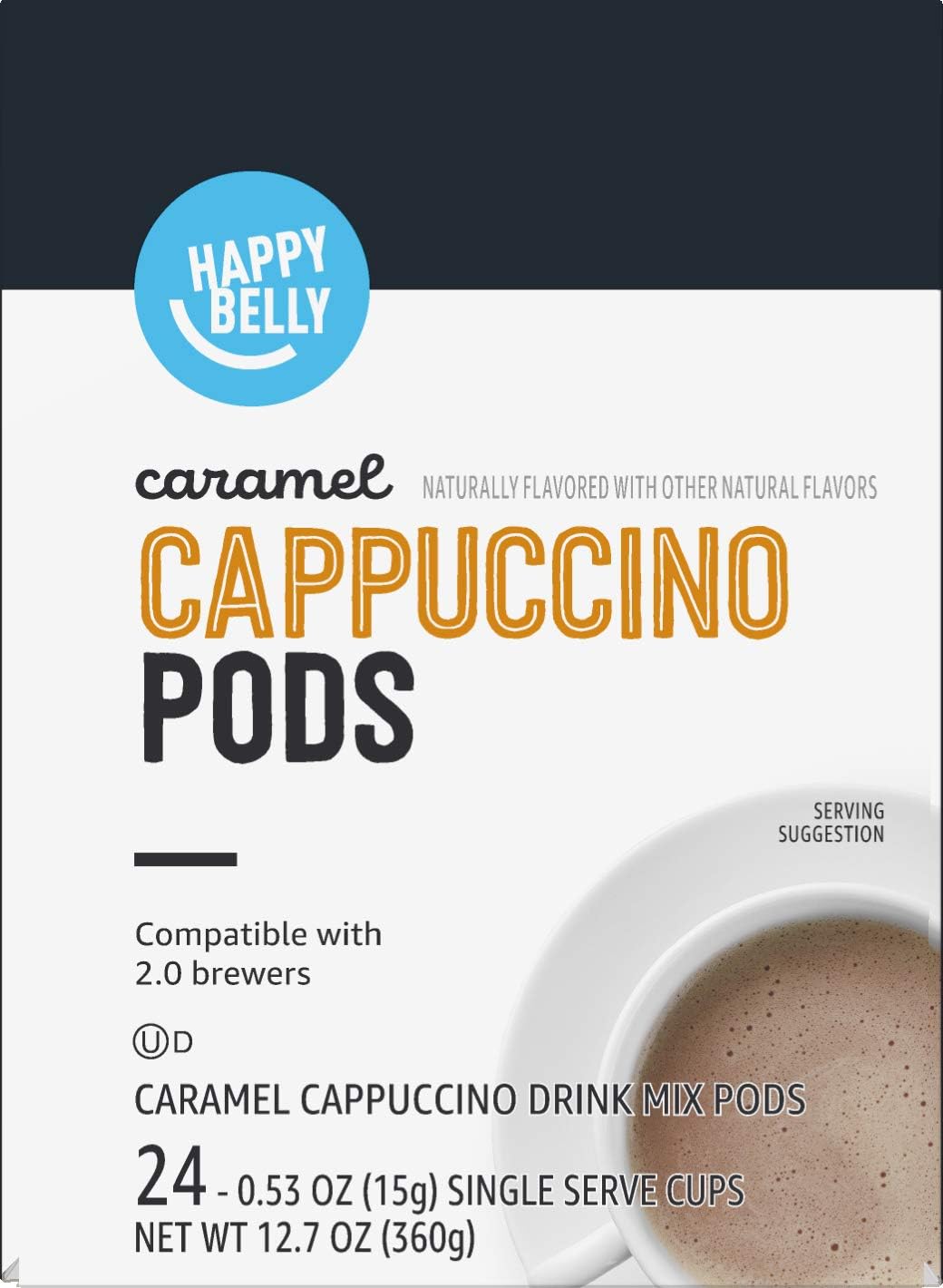 Alternative view of Amazon Brand - Happy Belly Cappuccino Coffee Pods Compatible With K Cup Brewers, Light Roast, Caramel Flavored, 24 Count, 12.72 ounce (Pack of 1)