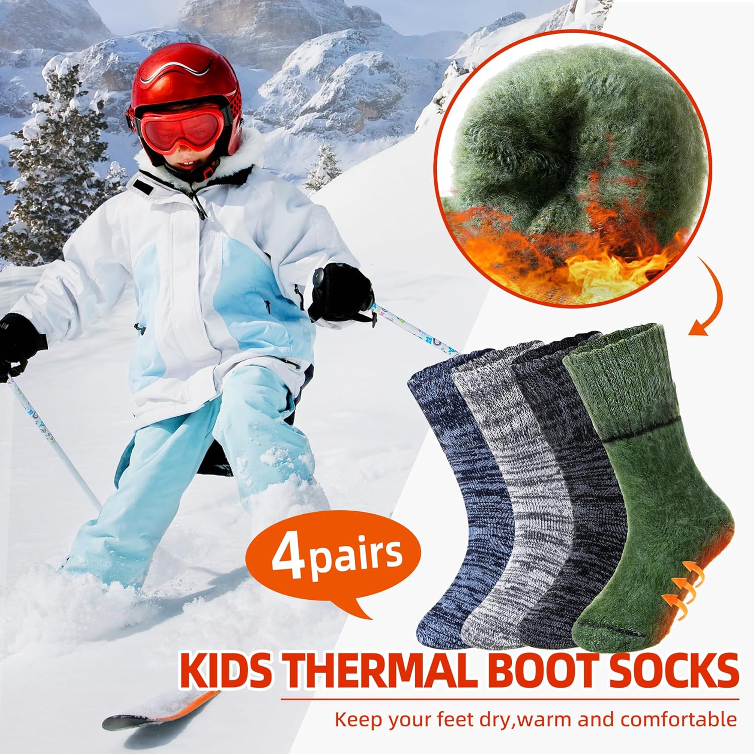 Kids Warm Thermal Socks for Toddler Boy Girls Winter Ski Thick Insulated Heated Boot Socks for Extreme Cold Weather 4 Pairs