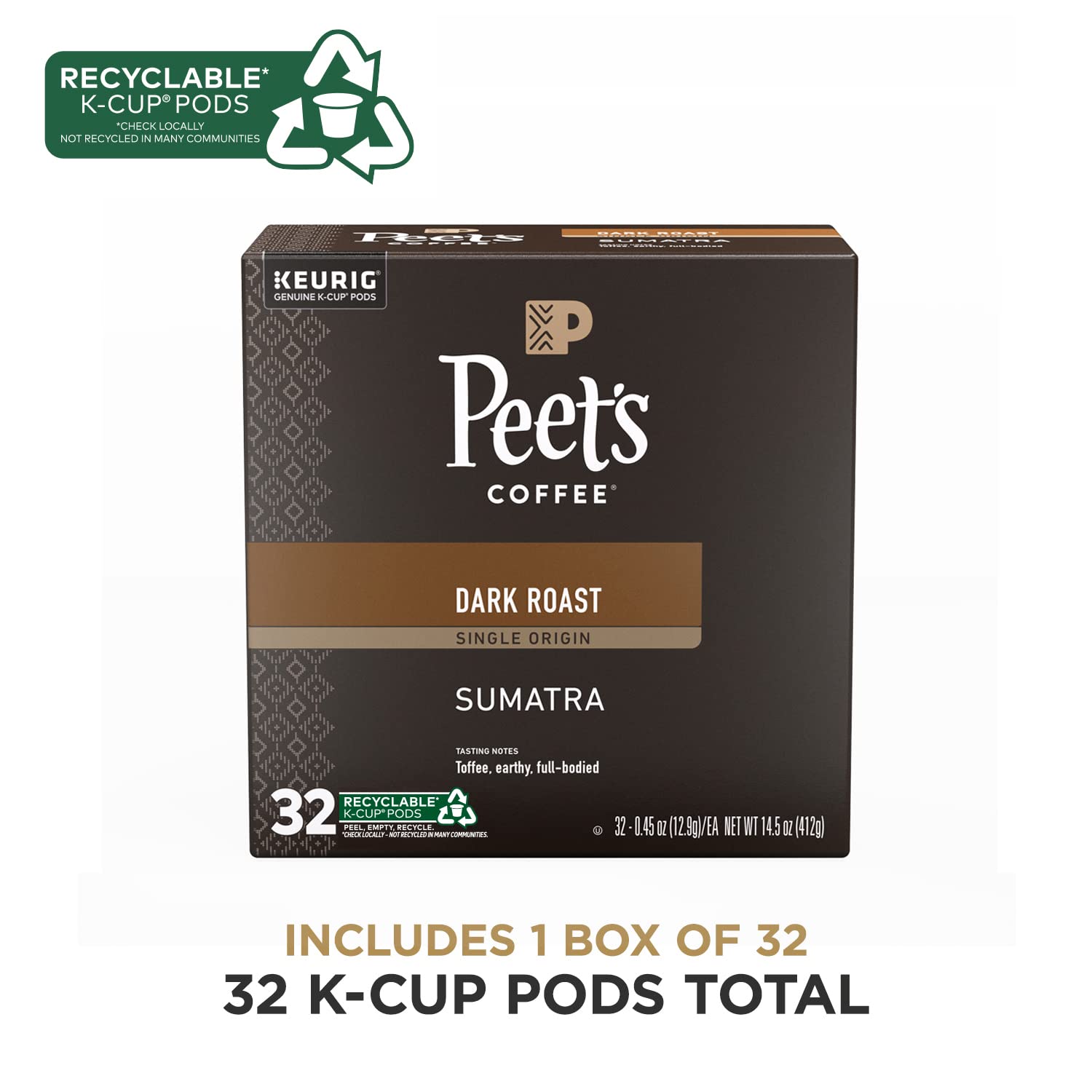 Peet's Coffee, Dark Roast Single Serve Coffee Pods 100% Arabica Coffee, Single Origin Sumatra 32 Count (1 Box of 32 Pods)