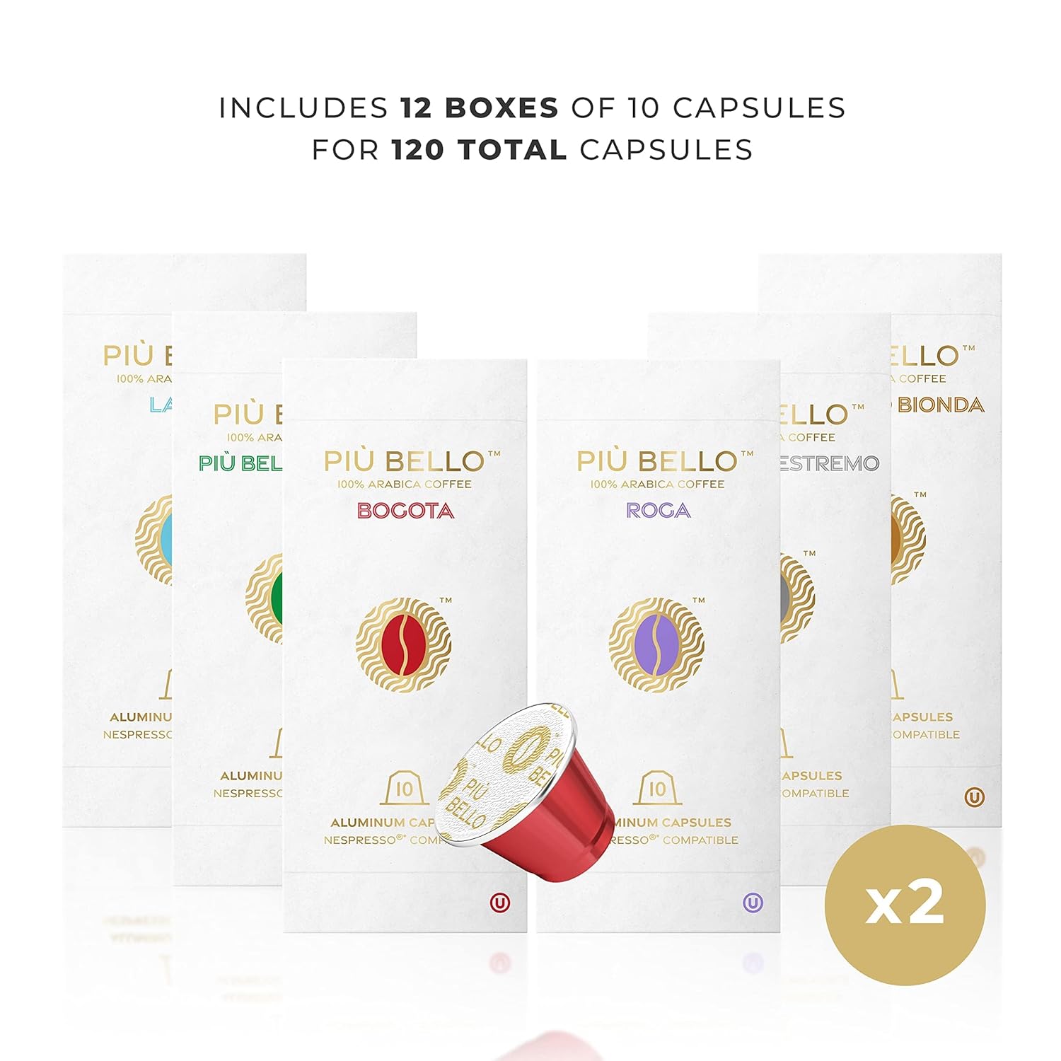Piu Bello Espresso Coffee Pods u2013 Variety Pack for Nespresso Original Machines u2013 Light Roast, Dark Roast, Chocolate, Nutty, Caramel u2013 Kosher, Rich & Balanced (120 Count, 6 Flavors)